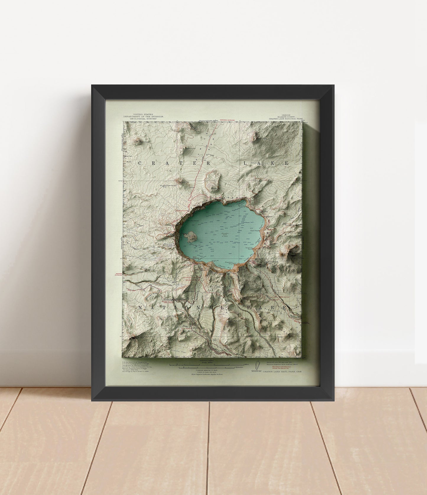 Vintage Crater Lake, Oregon, shaded relief map in black frame. Artistic print with realistic terrain effect for wall decor
