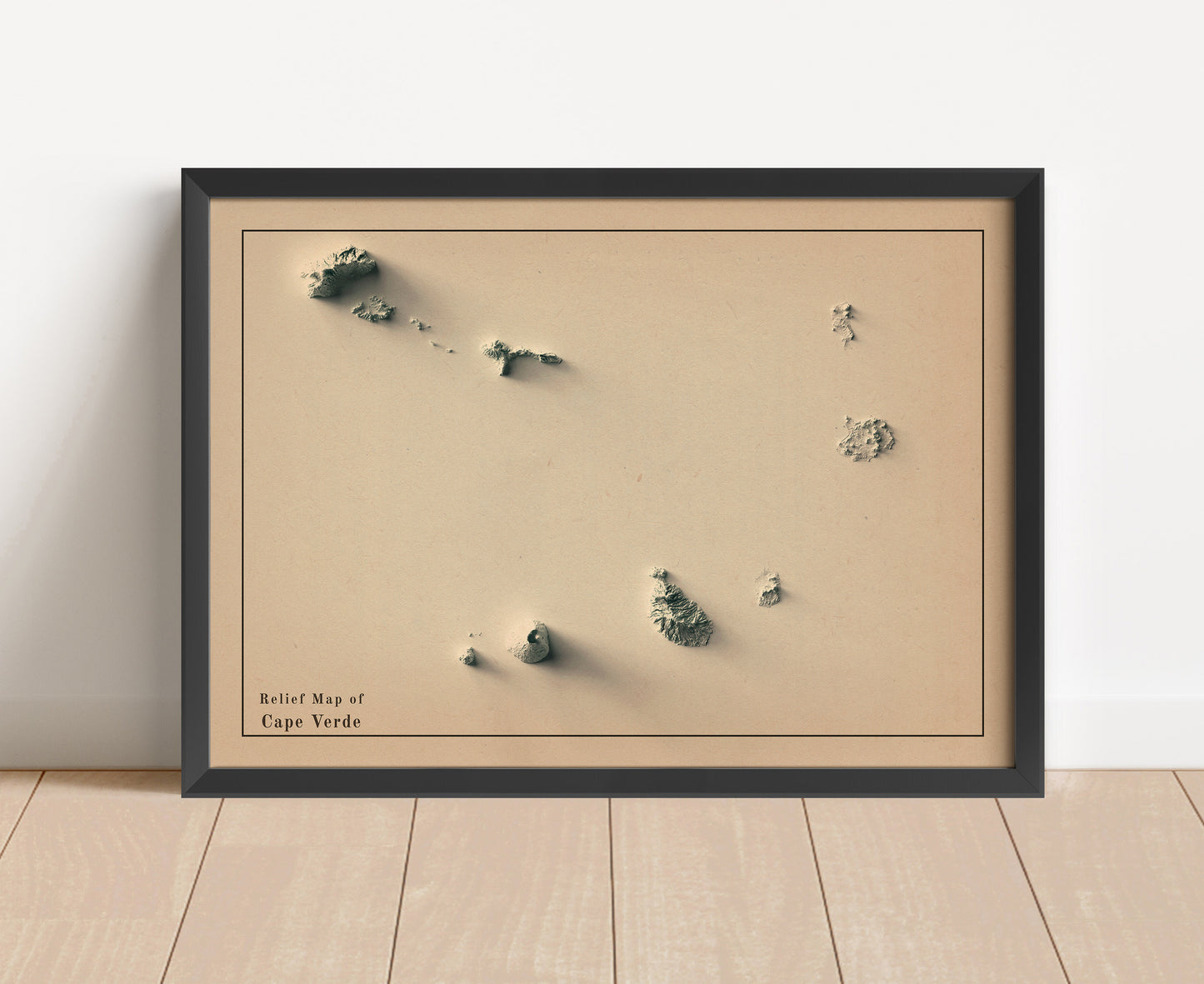Vintage Cape Verde shaded relief map in black frame. Artistic print with realistic terrain effect for wall decor