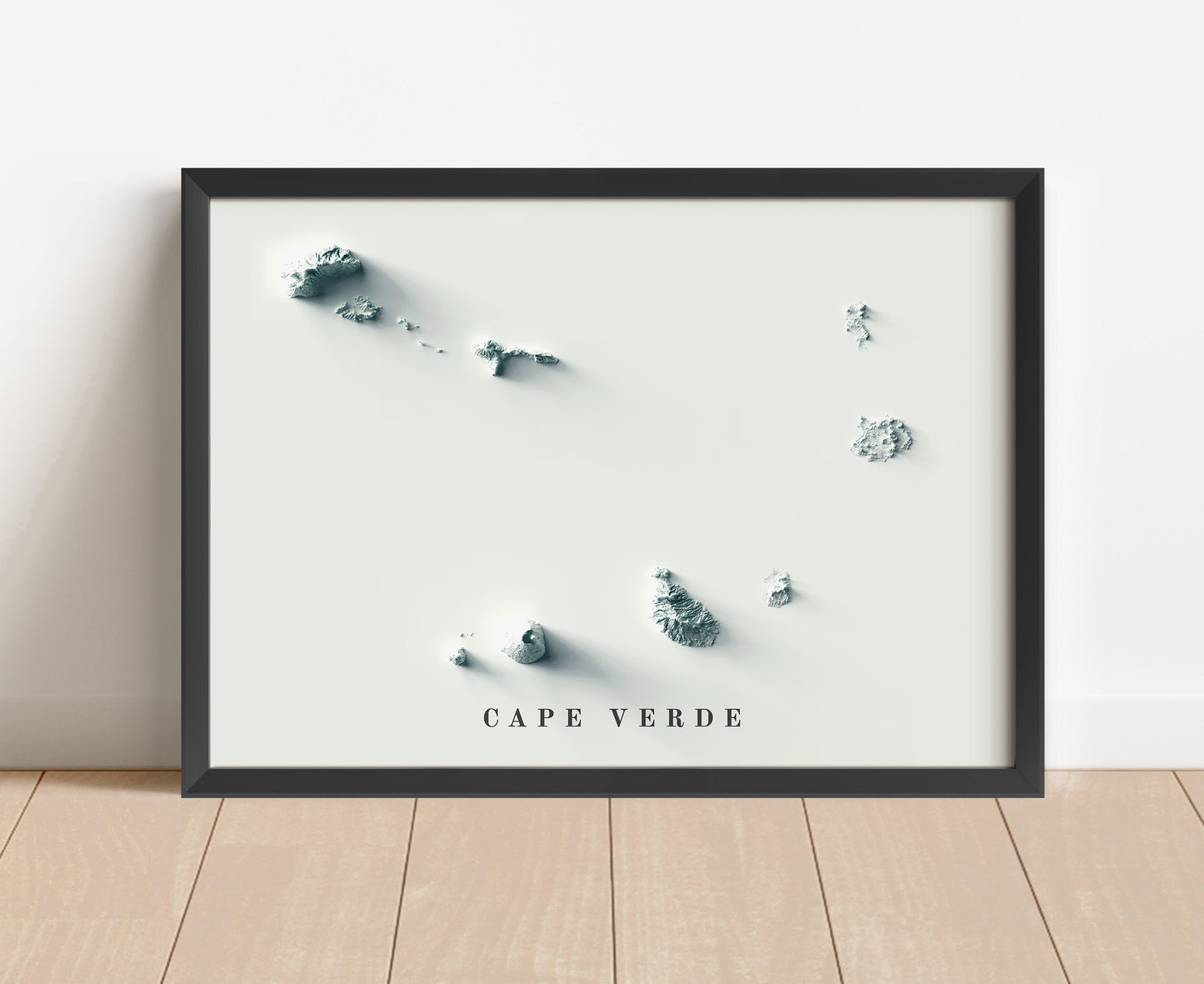 Cape Verde shaded relief map in black frame. Artistic print with realistic terrain effect for wall decor