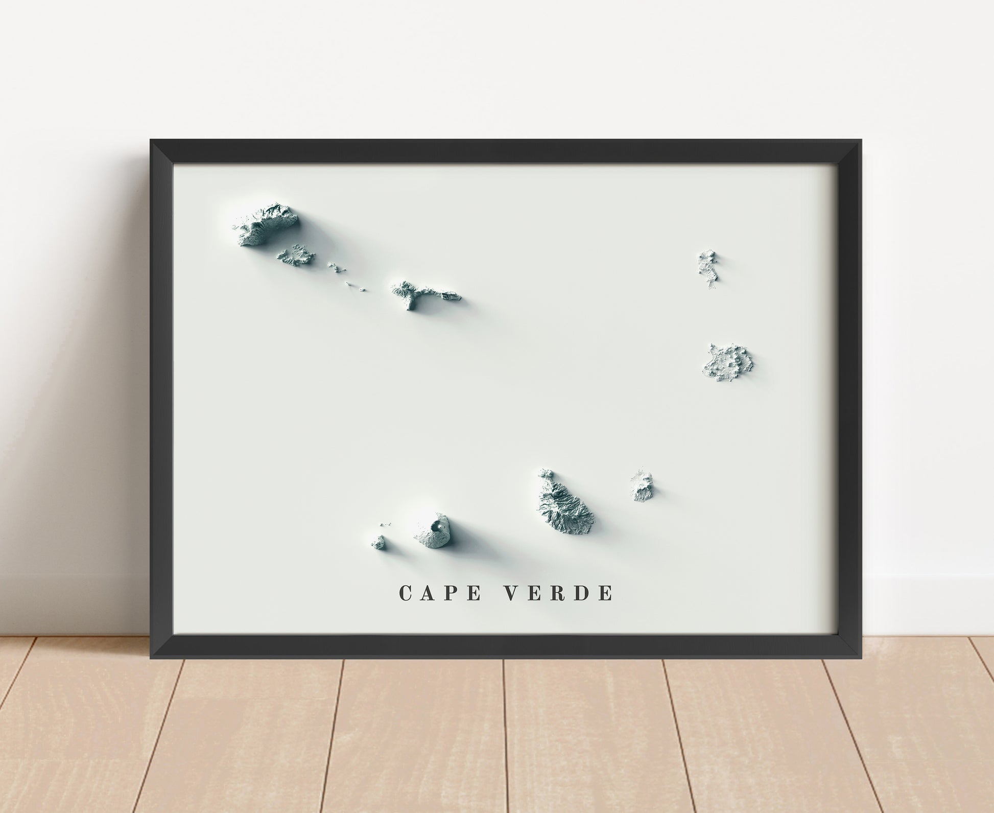 Cape Verde shaded relief map in black frame. Artistic print with realistic terrain effect for wall decor