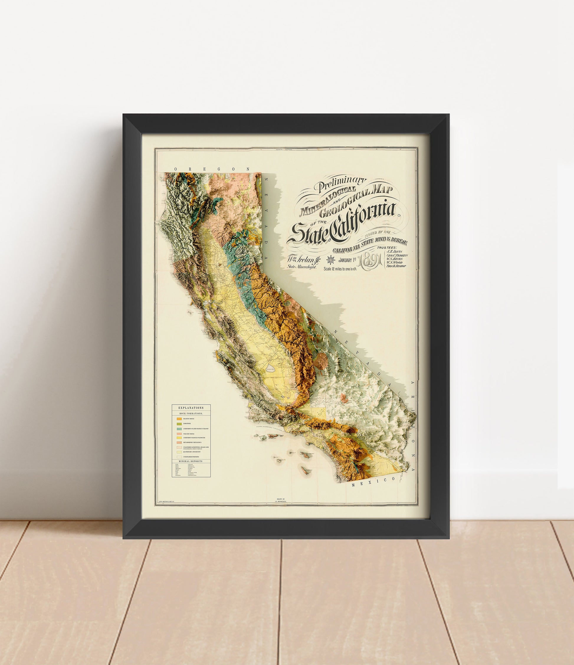 Vintage California shaded relief map in black frame. Artistic print with realistic terrain effect for wall decor