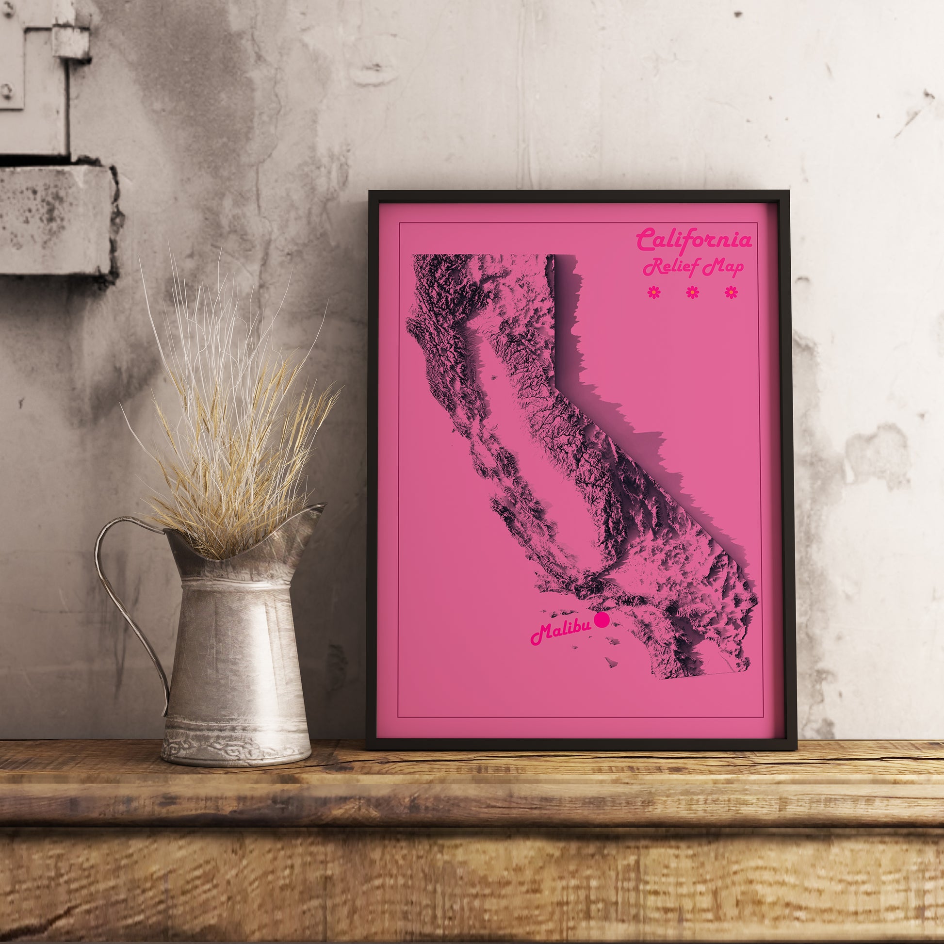 vintage Barbie pink relief map of Malibu, California