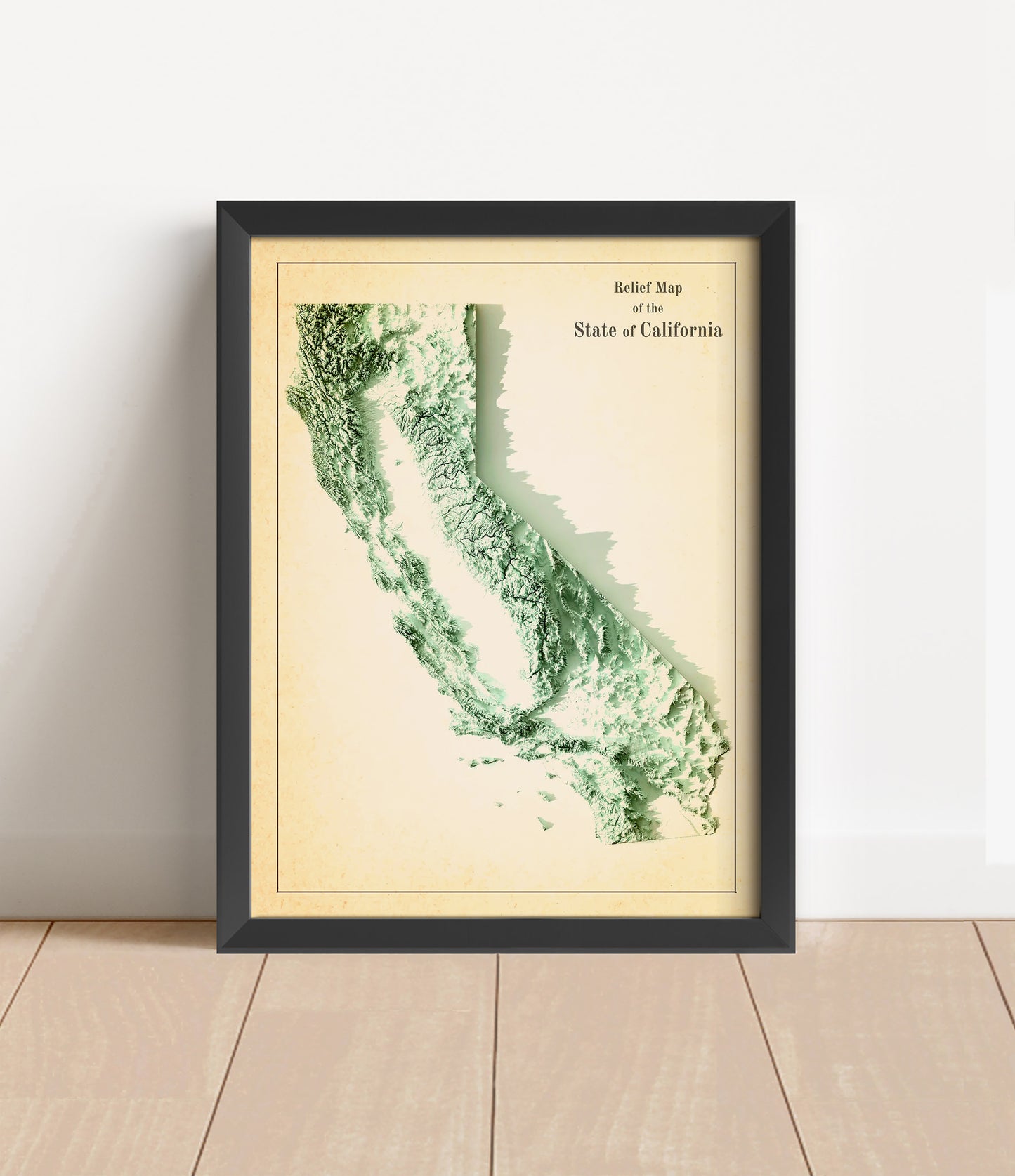 Vintage California shaded relief map in black frame. Artistic print with realistic terrain effect for wall decor