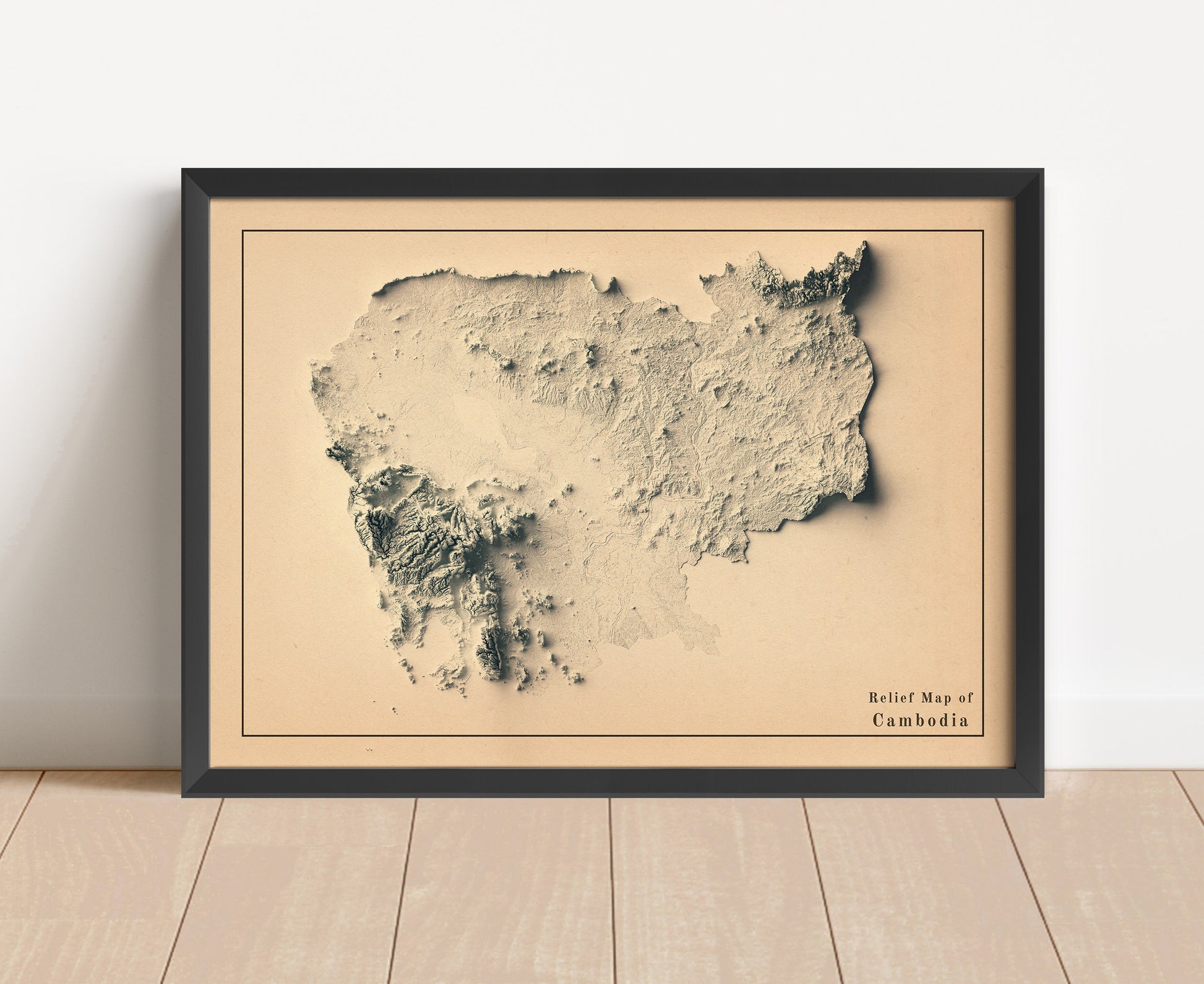 Vintage Cambodia shaded relief map in black frame. Artistic print with realistic terrain effect for wall decor