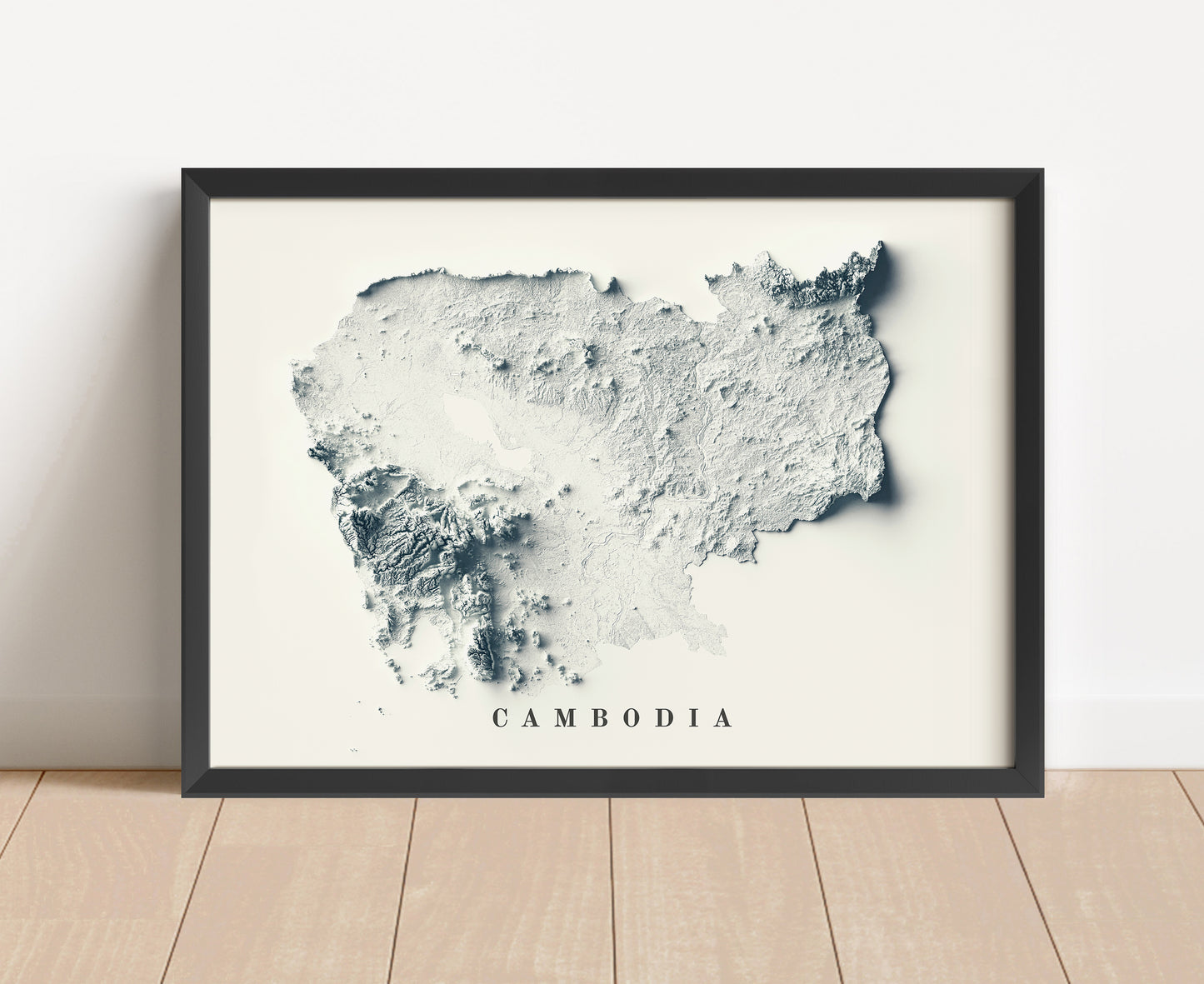Cambodia shaded relief map in black frame. Artistic print with realistic terrain effect for wall decor