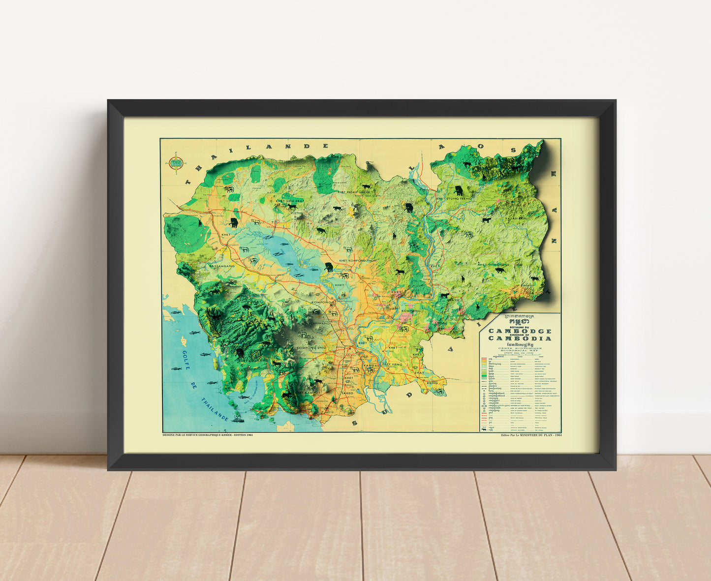 Vintage Cambodia shaded relief map in black frame. Artistic print with realistic terrain effect for wall decor