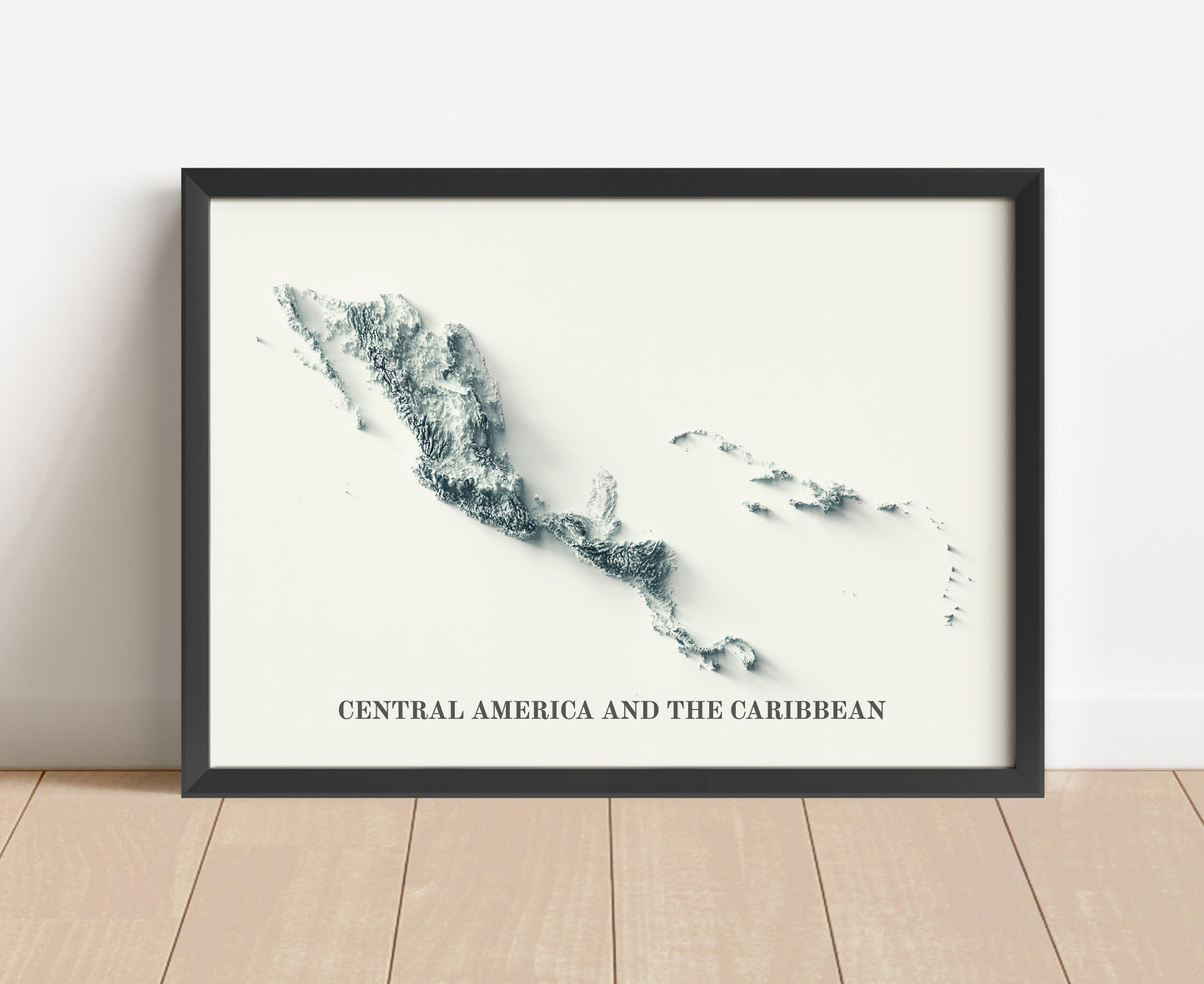 Central America and teh Caribbean shaded relief map in black frame. Artistic print with realistic terrain effect for wall decor