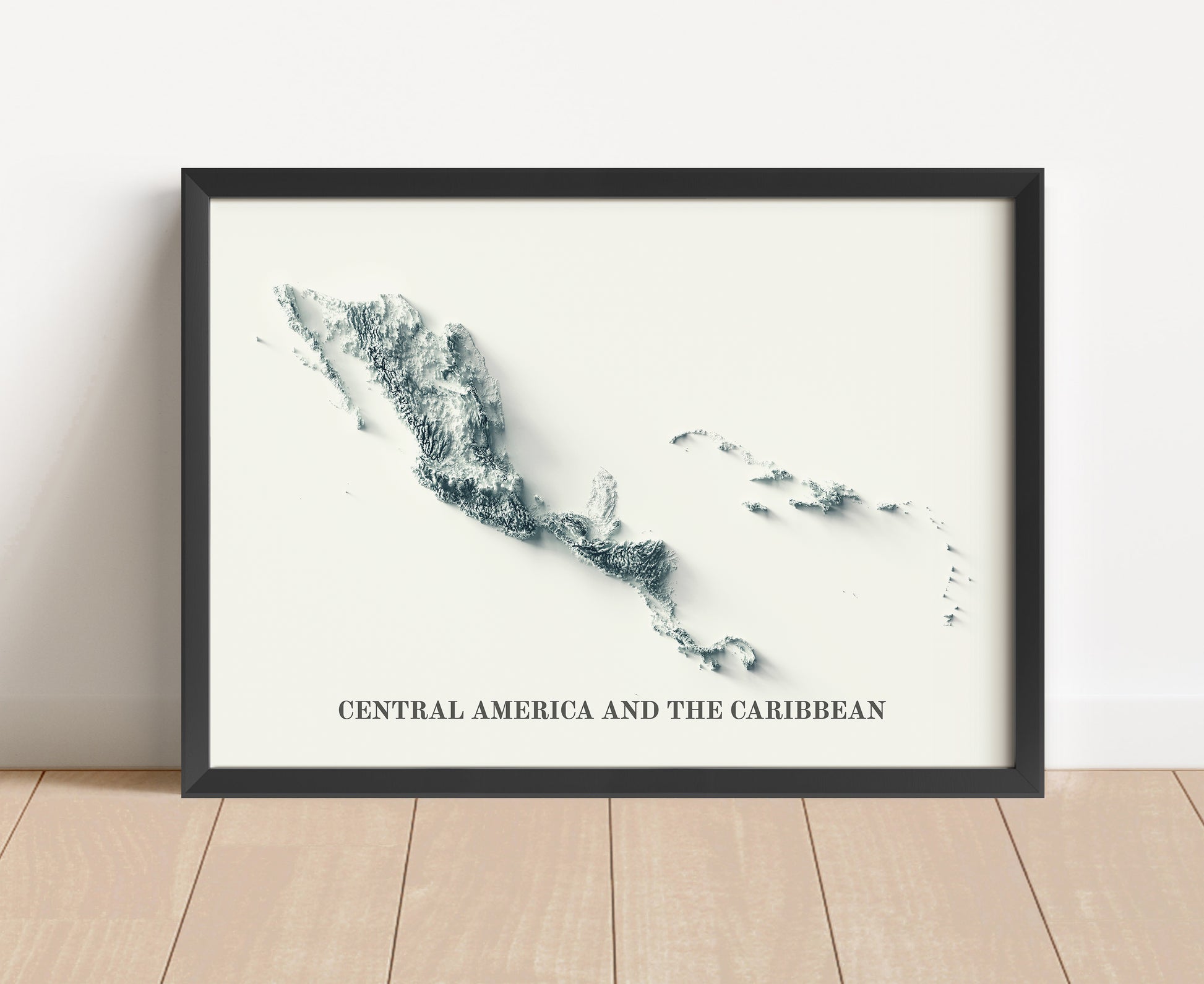 Central America and teh Caribbean shaded relief map in black frame. Artistic print with realistic terrain effect for wall decor