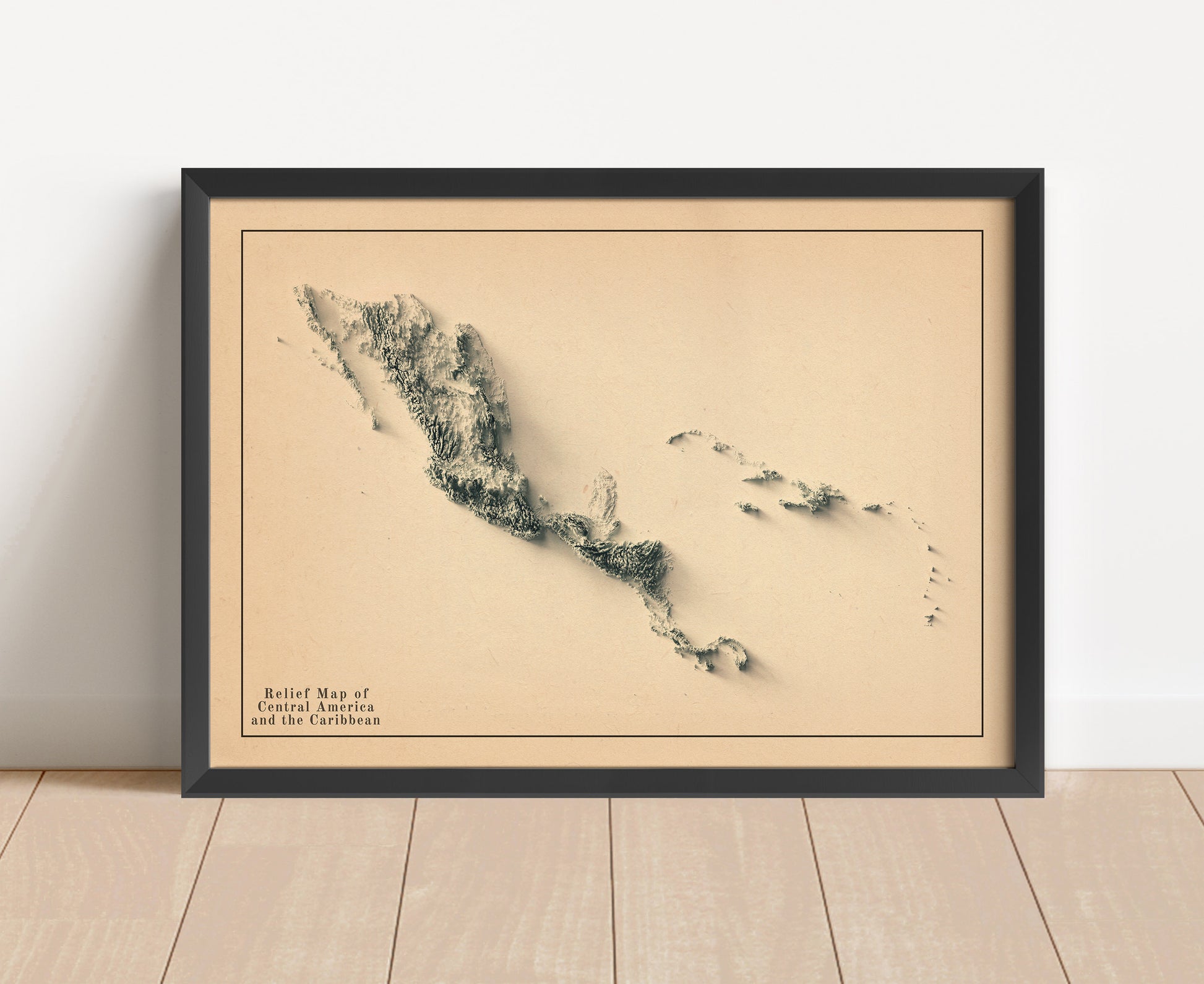 Vintage Central America and teh Caribbean shaded relief map in black frame. Artistic print with realistic terrain effect for wall decor