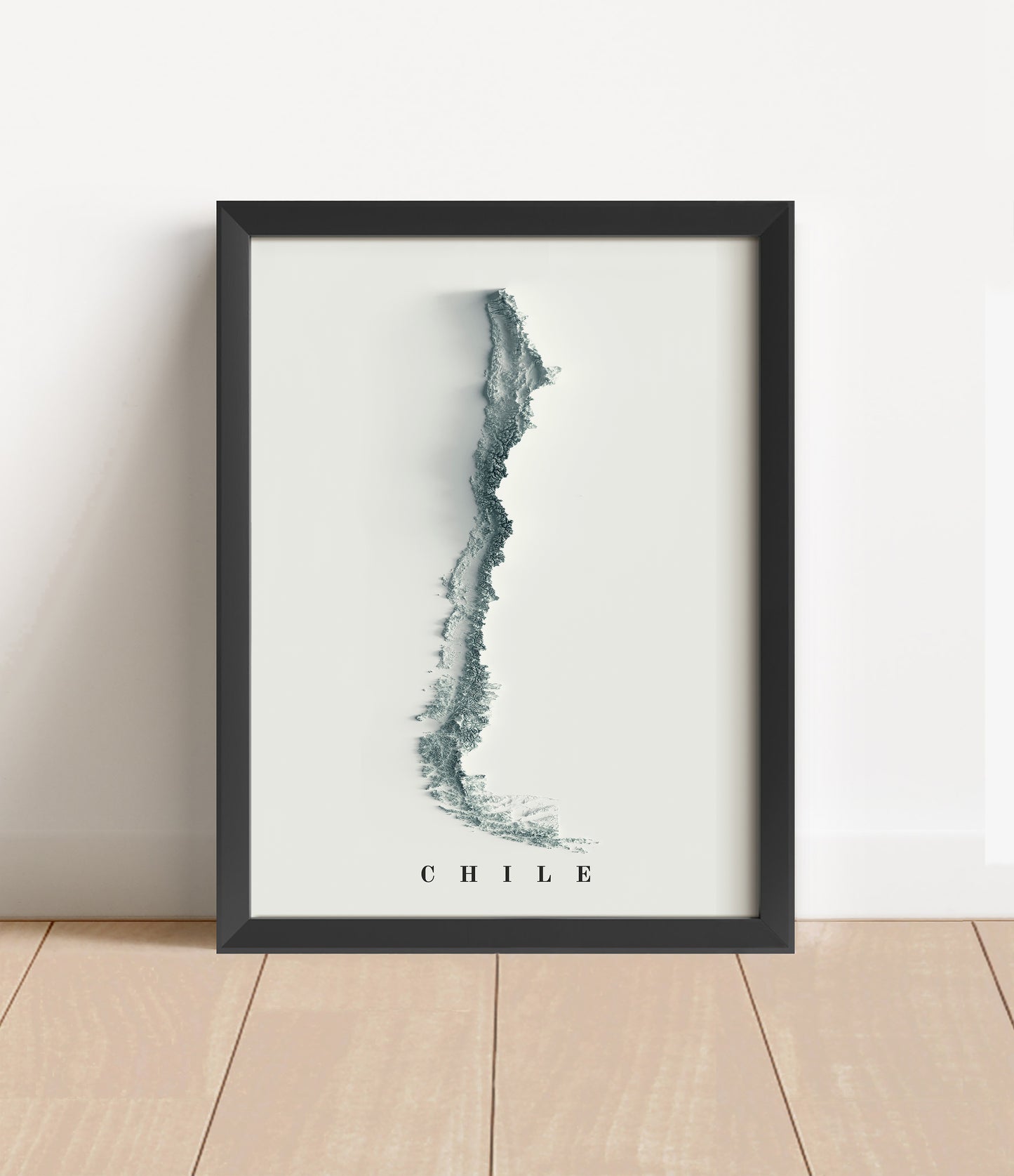 Chile shaded relief map in black frame. Artistic print with realistic terrain effect for wall decor