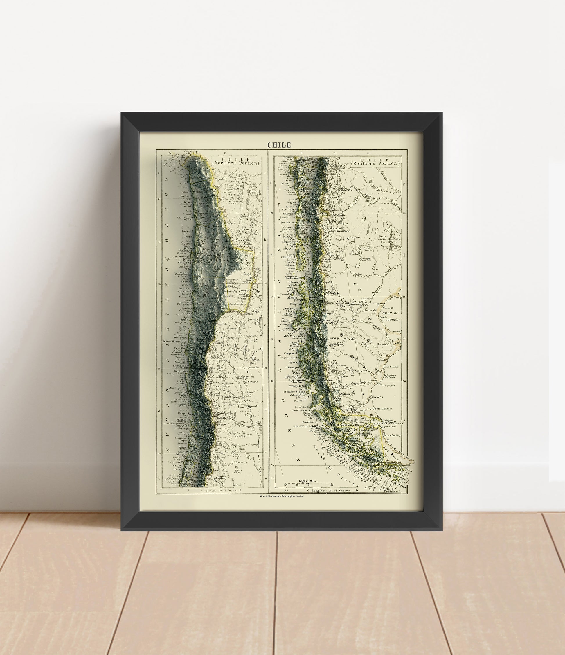 Vintage Chile shaded relief map in black frame. Artistic print with realistic terrain effect for wall decor