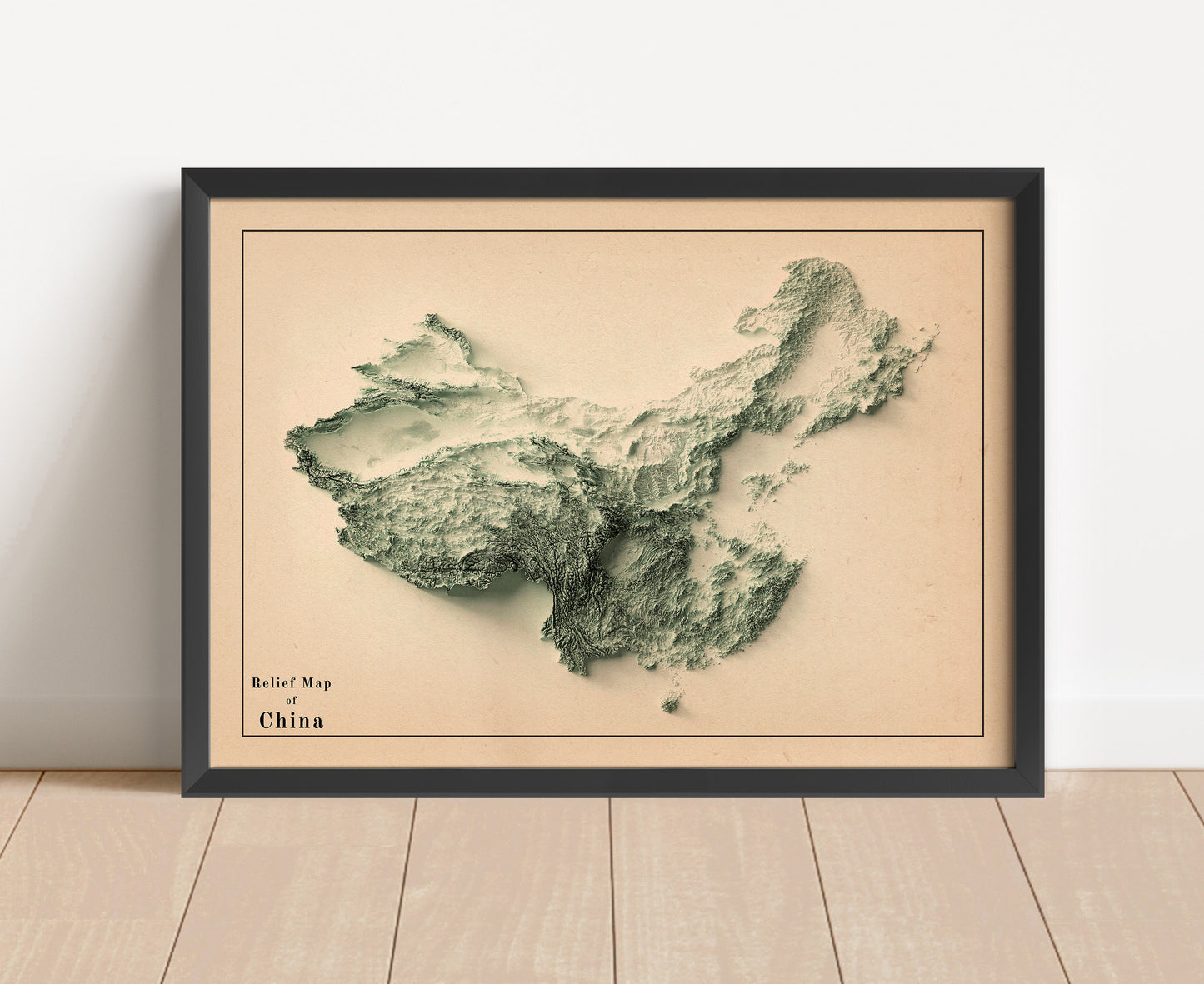 Vintage China shaded relief map in black frame. Artistic print with realistic terrain effect for wall decor