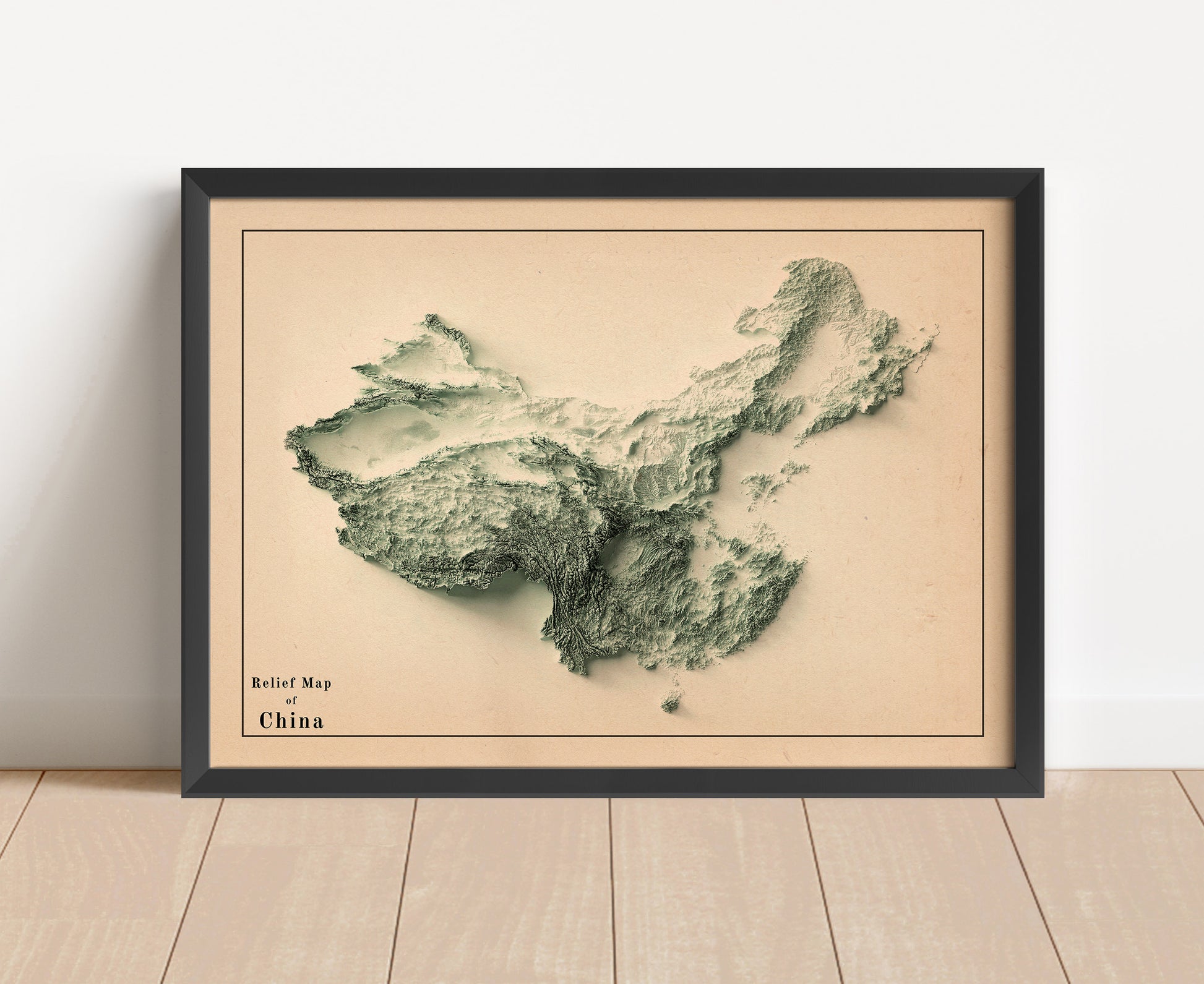 Vintage China shaded relief map in black frame. Artistic print with realistic terrain effect for wall decor