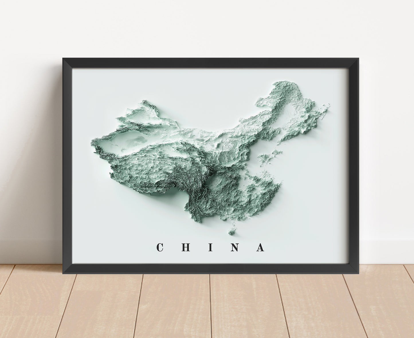 China shaded relief map in black frame. Artistic print with realistic terrain effect for wall decor