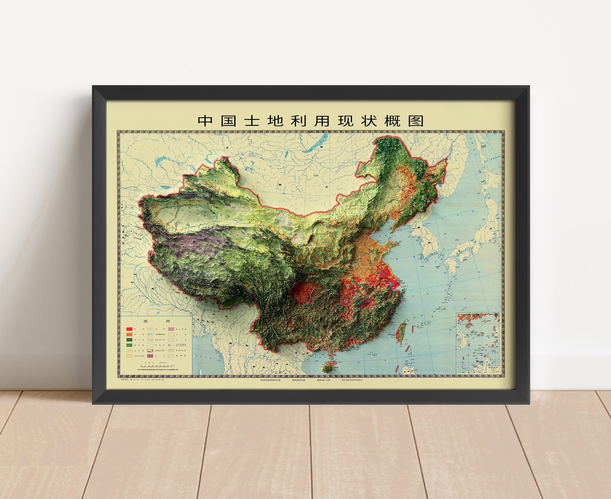 Vintage China shaded relief map in black frame. Artistic print with realistic terrain effect for wall decor