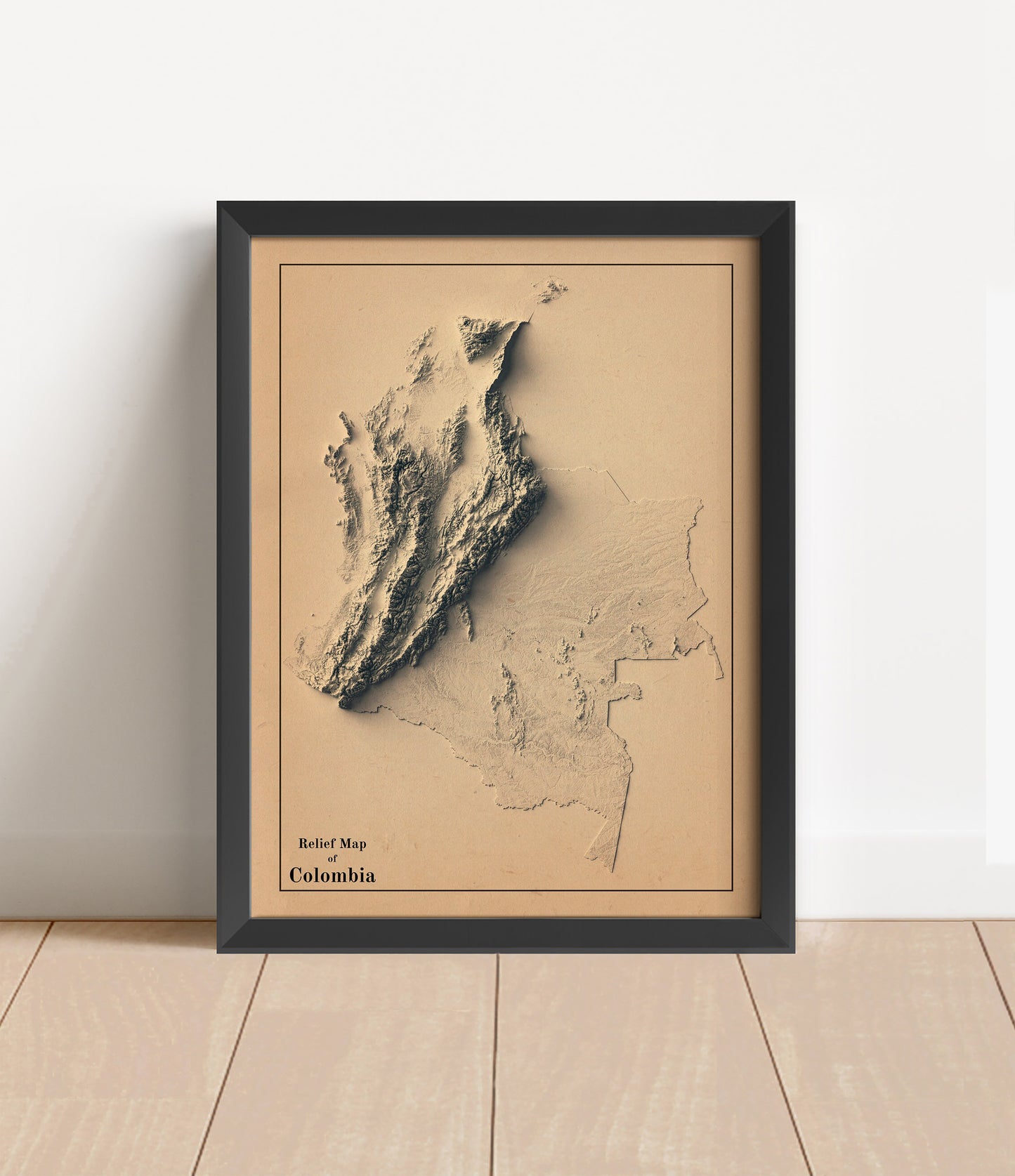Vintage Colombia shaded relief map in black frame. Artistic print with realistic terrain effect for wall decor