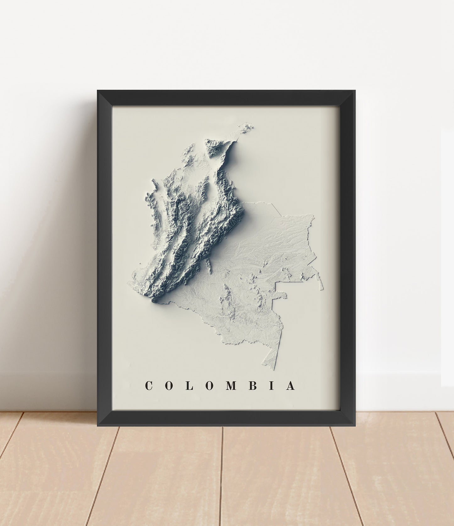 Colombia shaded relief map in black frame. Artistic print with realistic terrain effect for wall decor