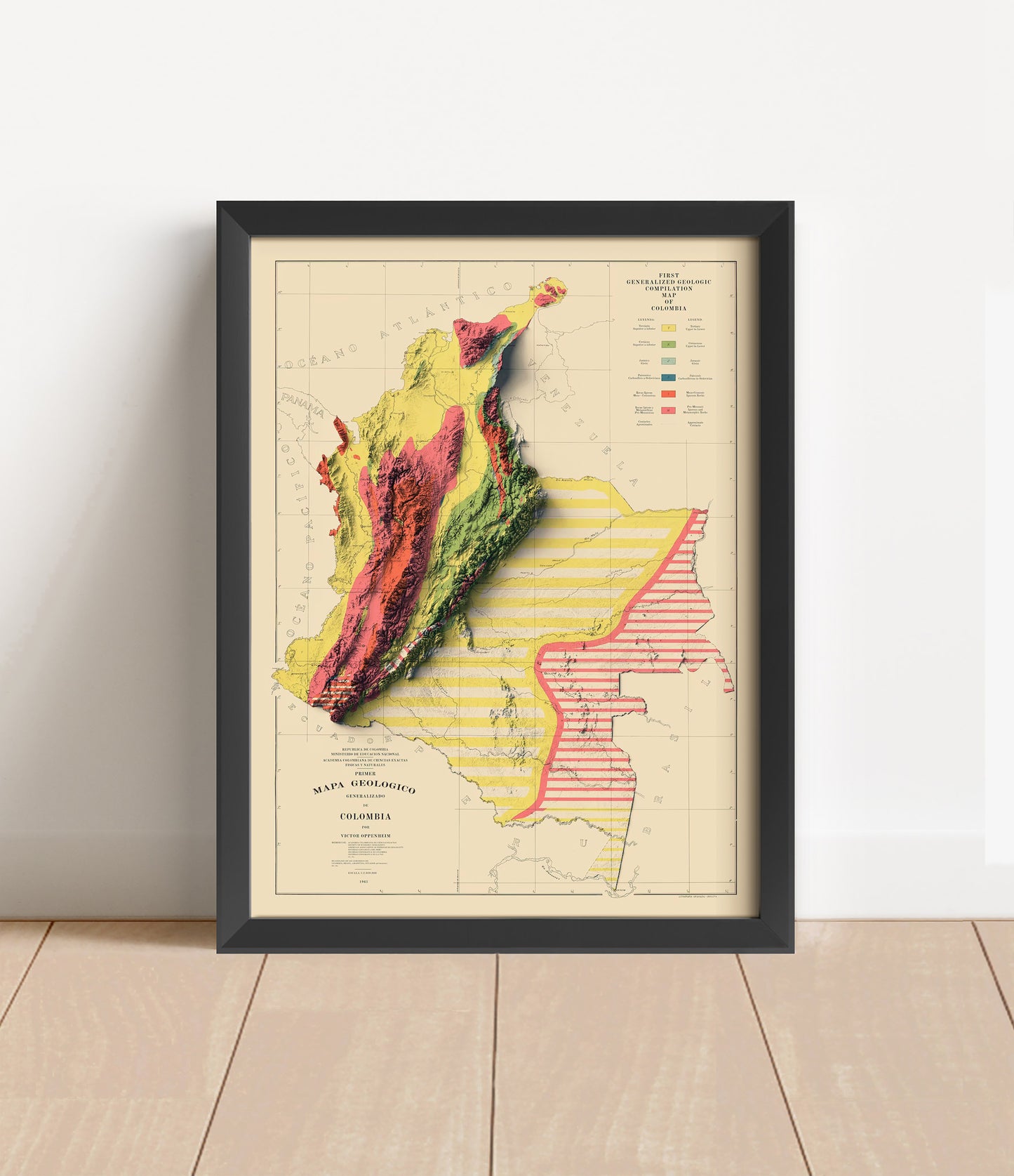 Vintage Colombia shaded relief map in black frame. Artistic print with realistic terrain effect for wall decor