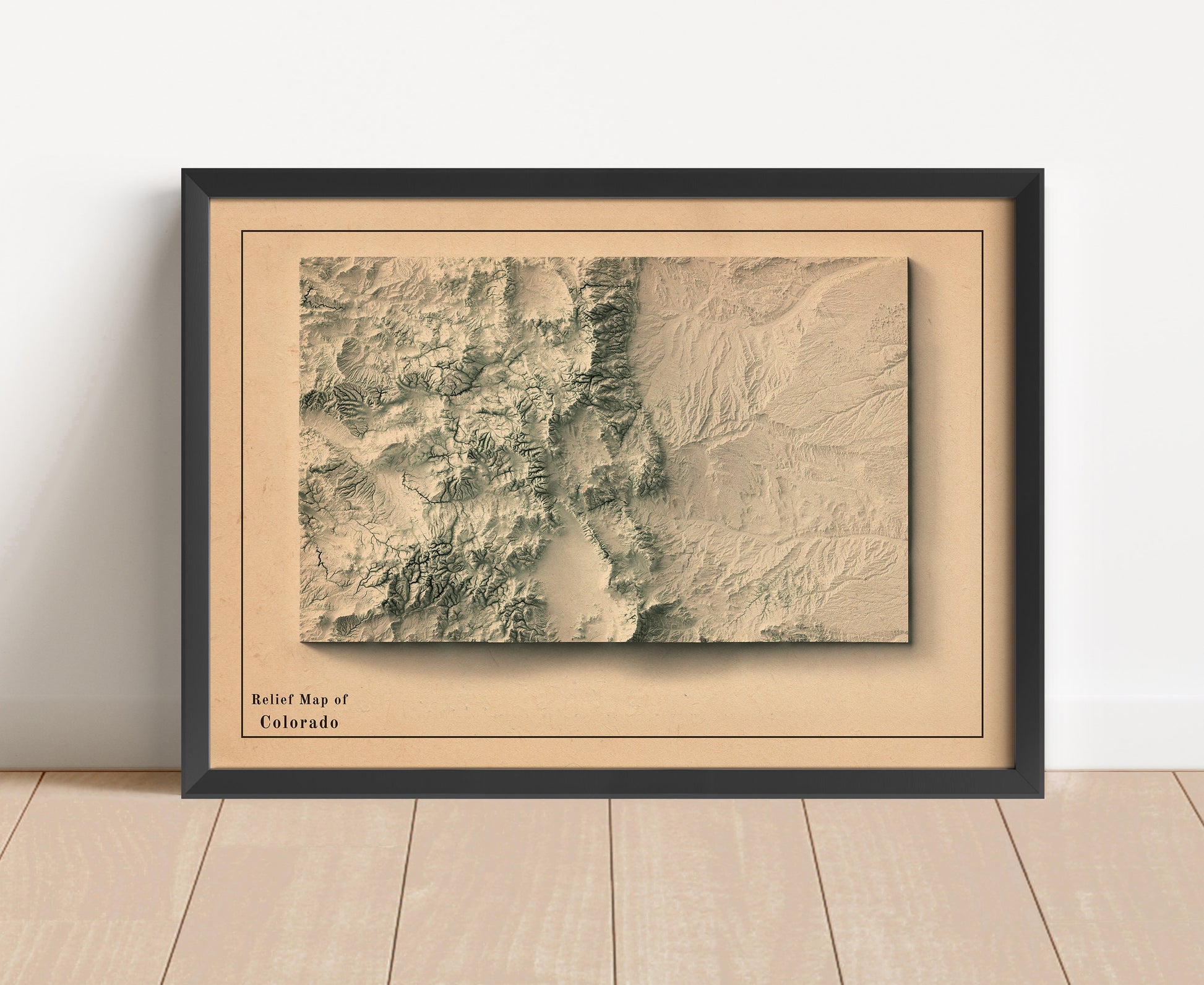 Vintage Colorado shaded relief map in black frame. Artistic print with realistic terrain effect for wall decor