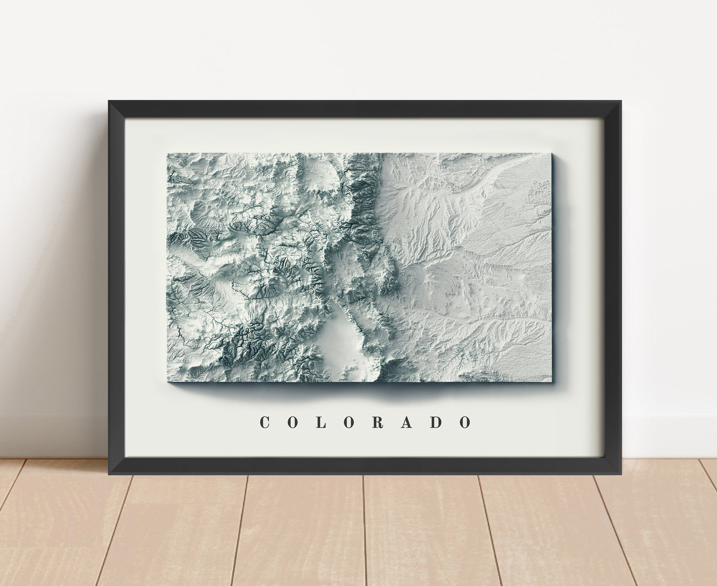 Colorado shaded relief map in black frame. Artistic print with realistic terrain effect for wall decor
