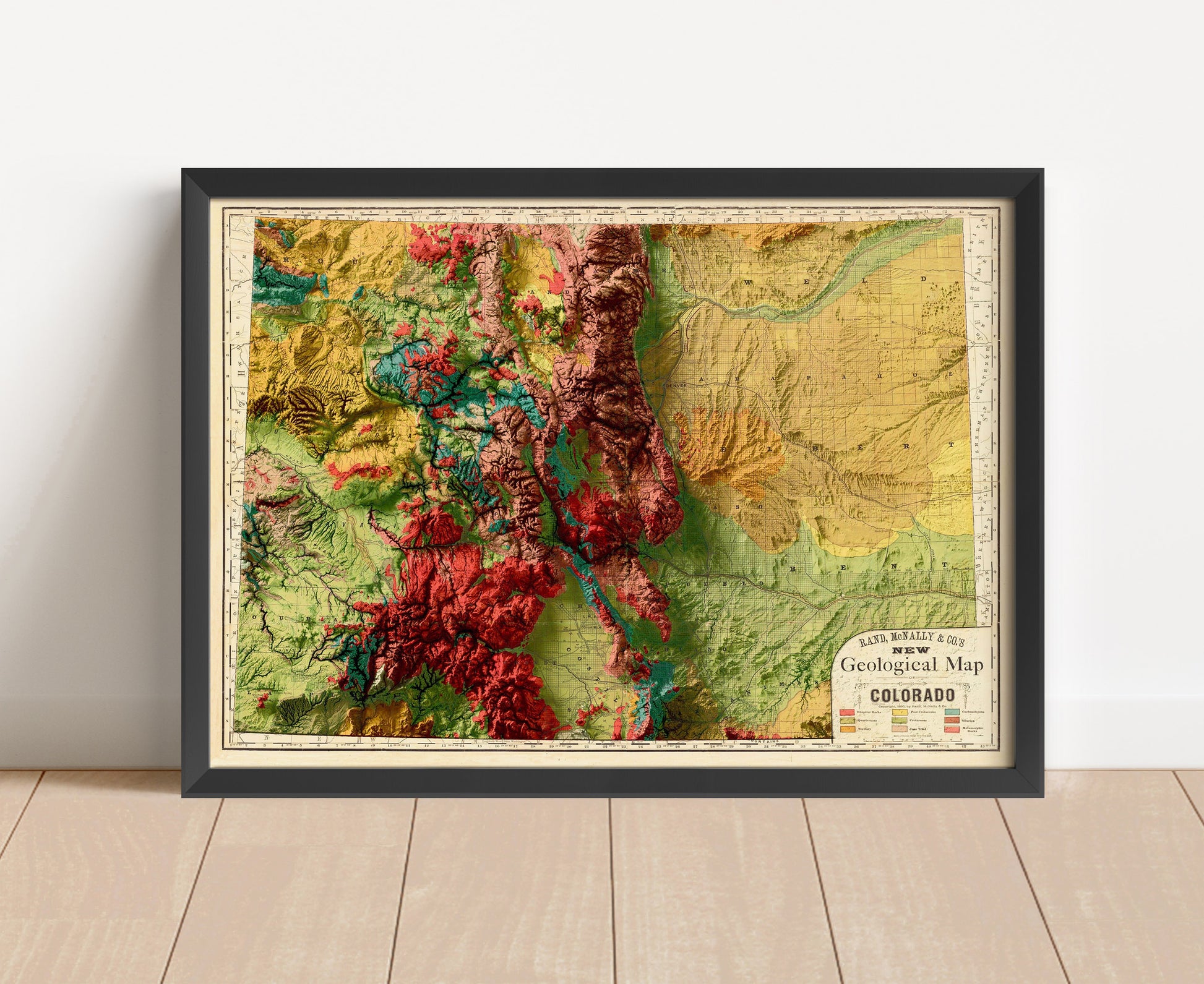 Vintage Colorado shaded relief map in black frame. Artistic print with realistic terrain effect for wall decor