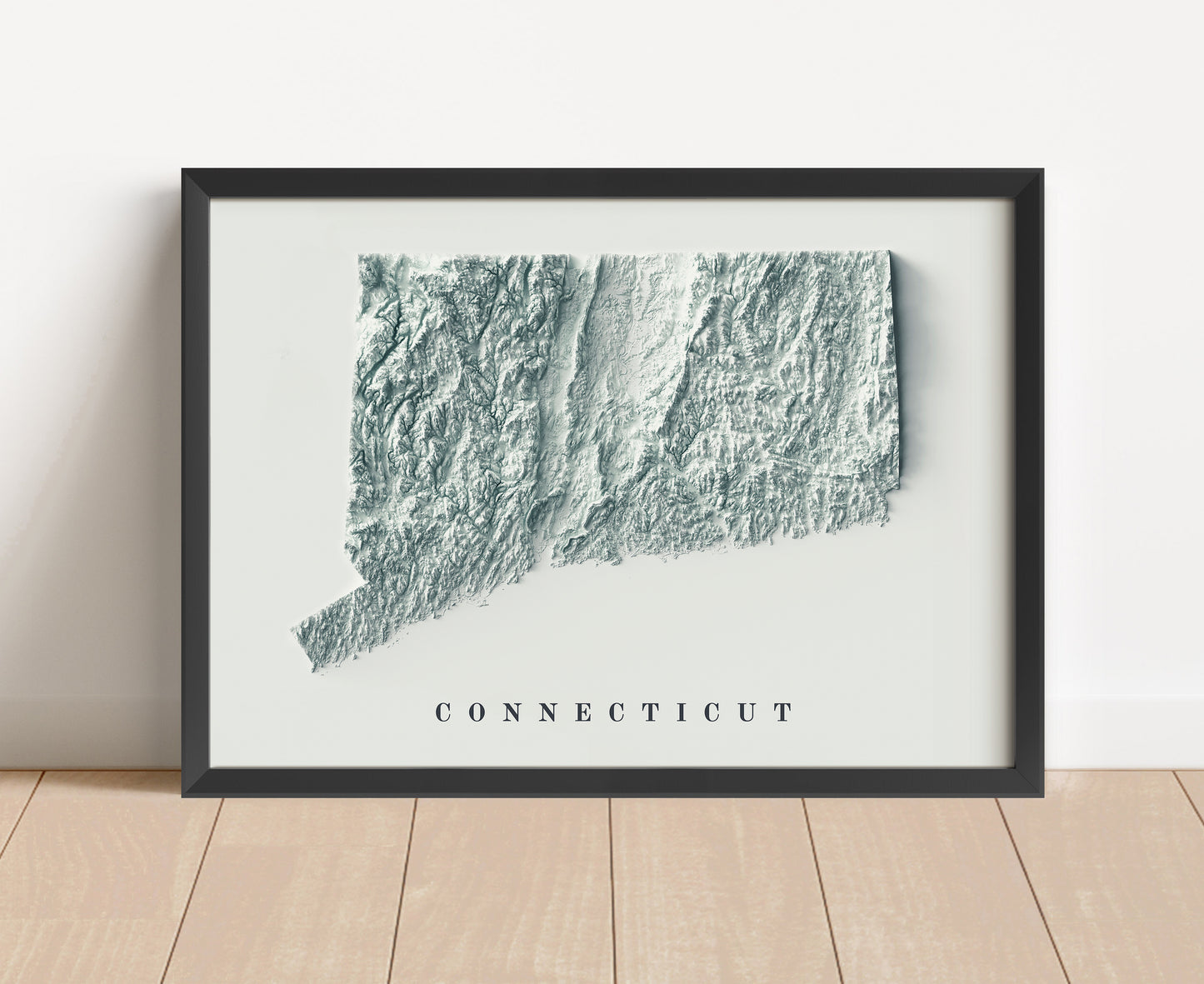 Connecticut shaded relief map in black frame. Artistic print with realistic terrain effect for wall decor