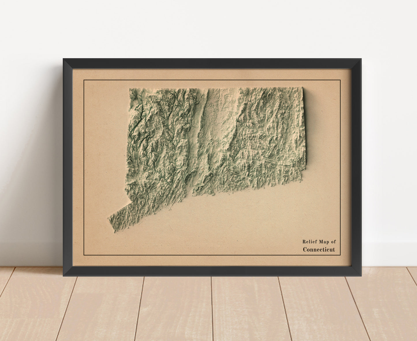 Vintage Connecticut shaded relief map in black frame. Artistic print with realistic terrain effect for wall decor
