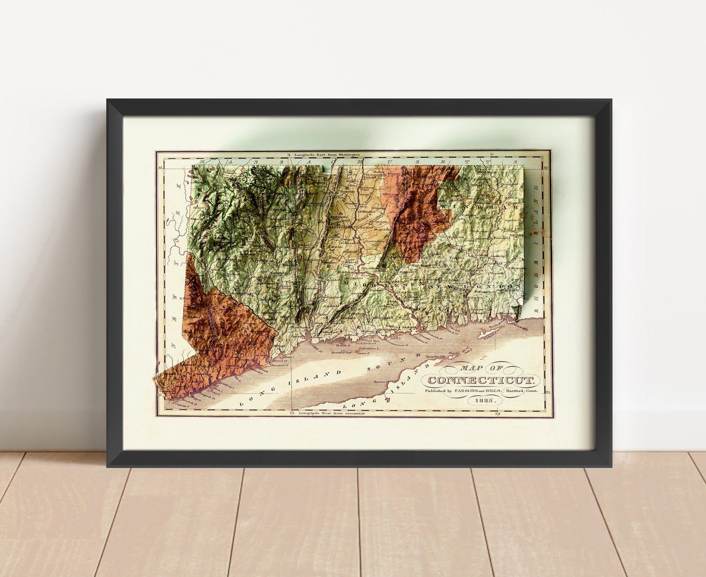 Vintage Connecticut shaded relief map in black frame. Artistic print with realistic terrain effect for wall decor