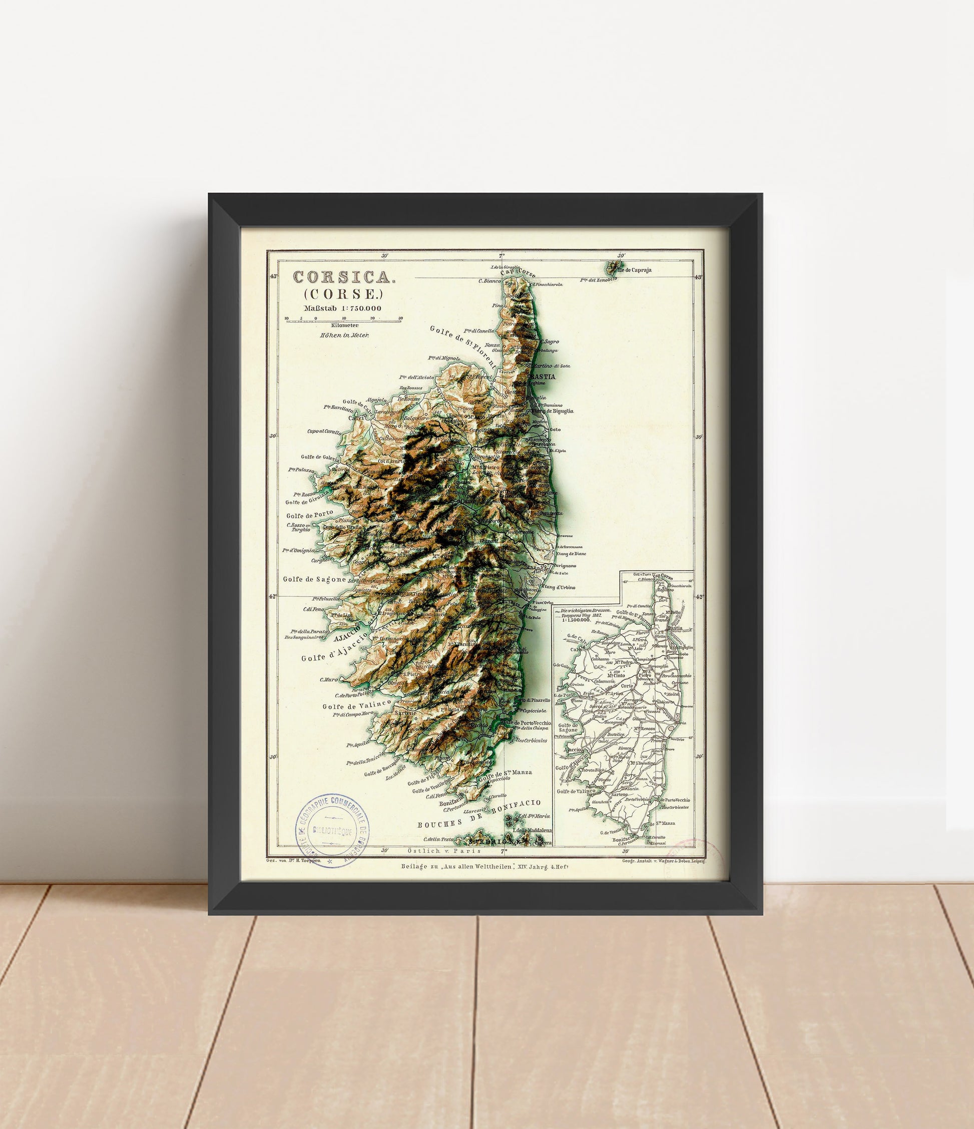 Vintage Corsica Corse shaded relief map in black frame. Artistic print with realistic terrain effect for wall decor