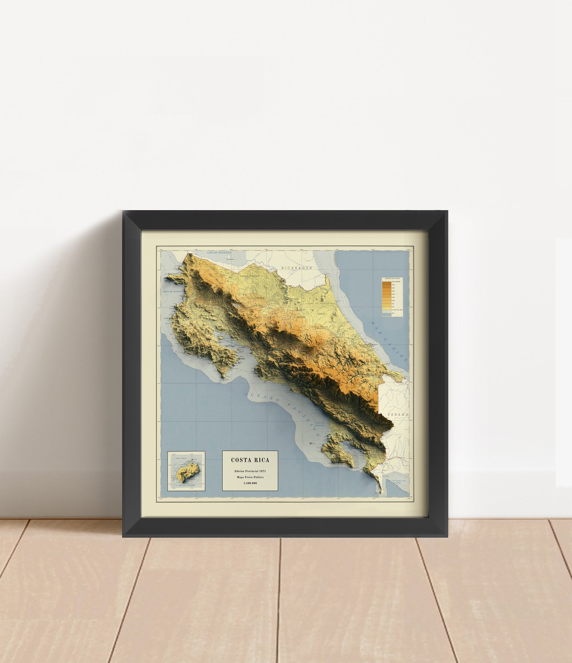 Vintage Costa Rica shaded relief map in black frame. Artistic print with realistic terrain effect for wall decor