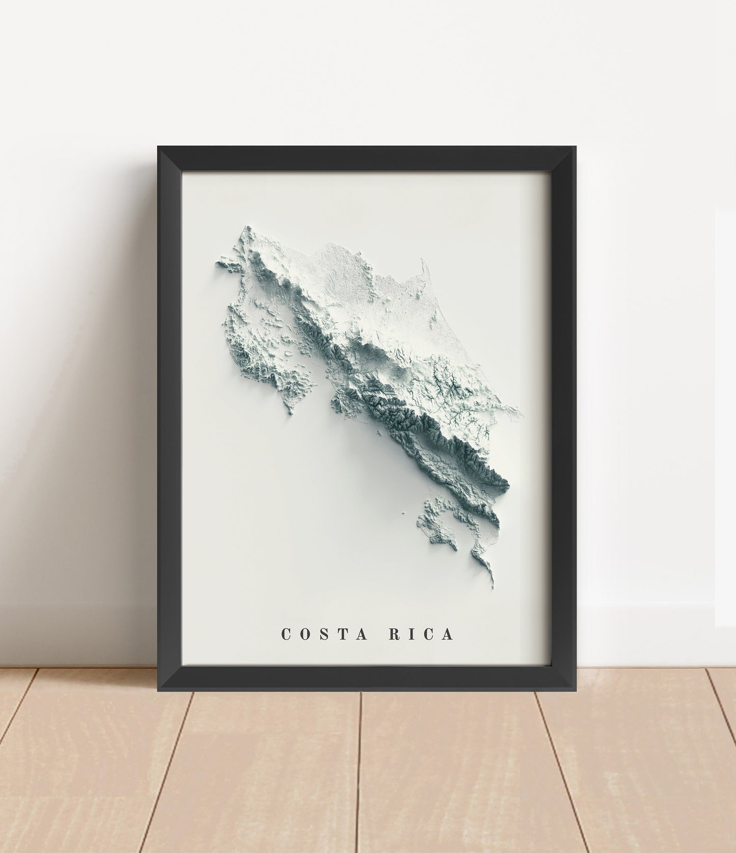 Costa Rica shaded relief map in black frame. Artistic print with realistic terrain effect for wall decor