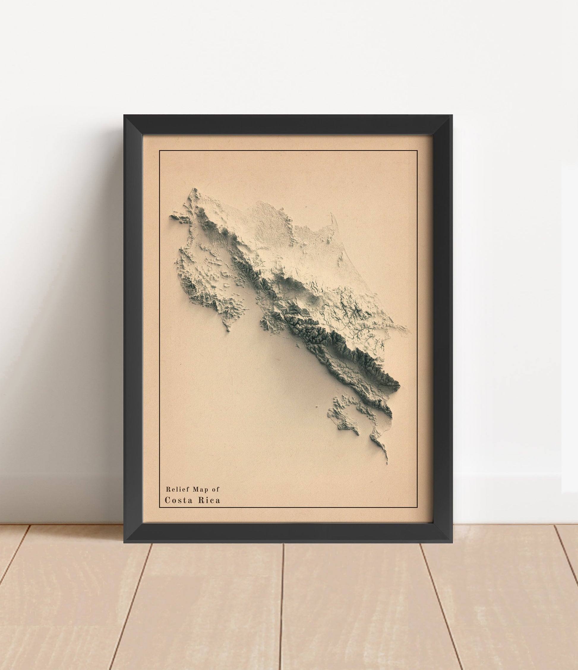 Vintage Costa Rica shaded relief map in black frame. Artistic print with realistic terrain effect for wall decor