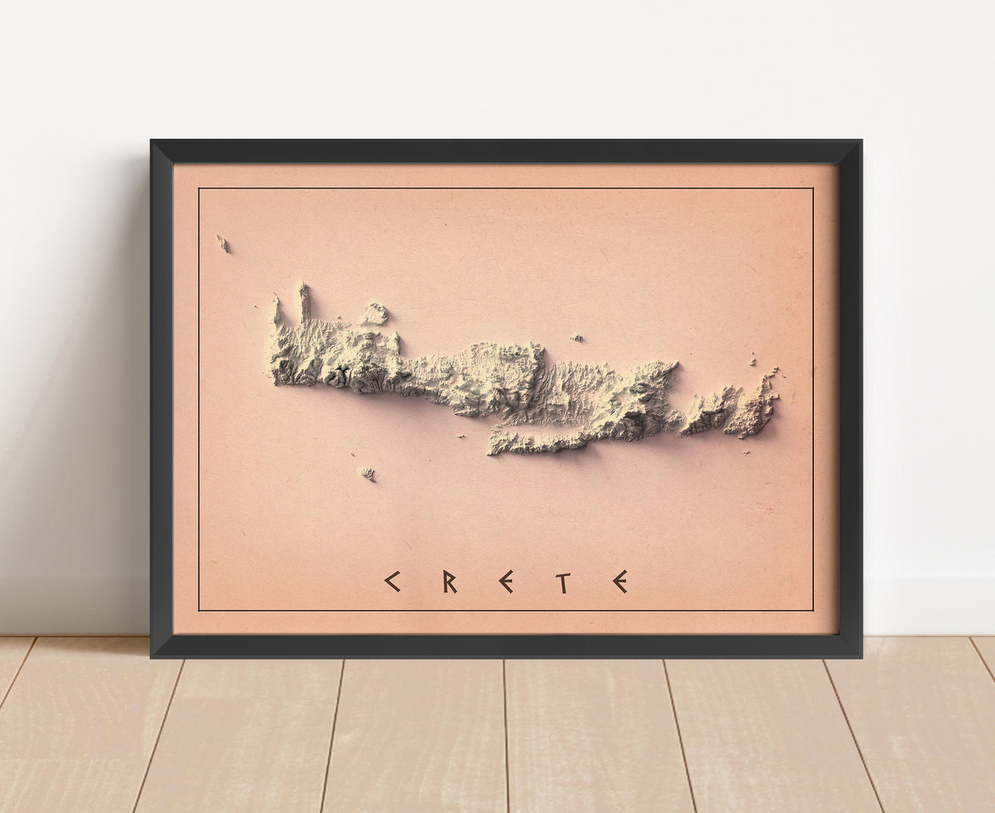 Vintage Crete, Greece, shaded relief map in black frame. Artistic print with realistic terrain effect for wall decor