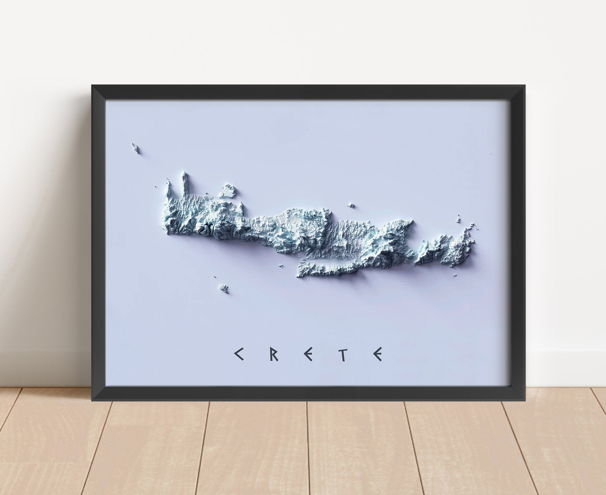Crete, Greece, shaded relief map in black frame. Artistic print with realistic terrain effect for wall decor