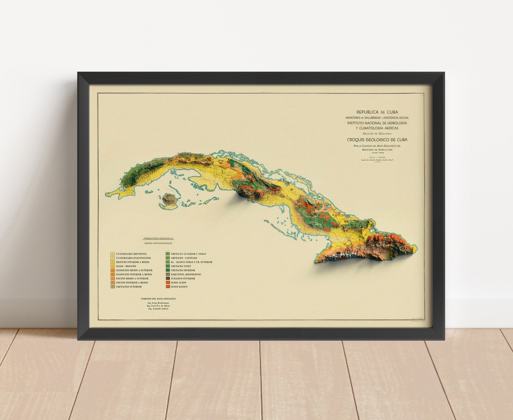 Vintage Cuba shaded relief map in black frame. Artistic print with realistic terrain effect for wall decor