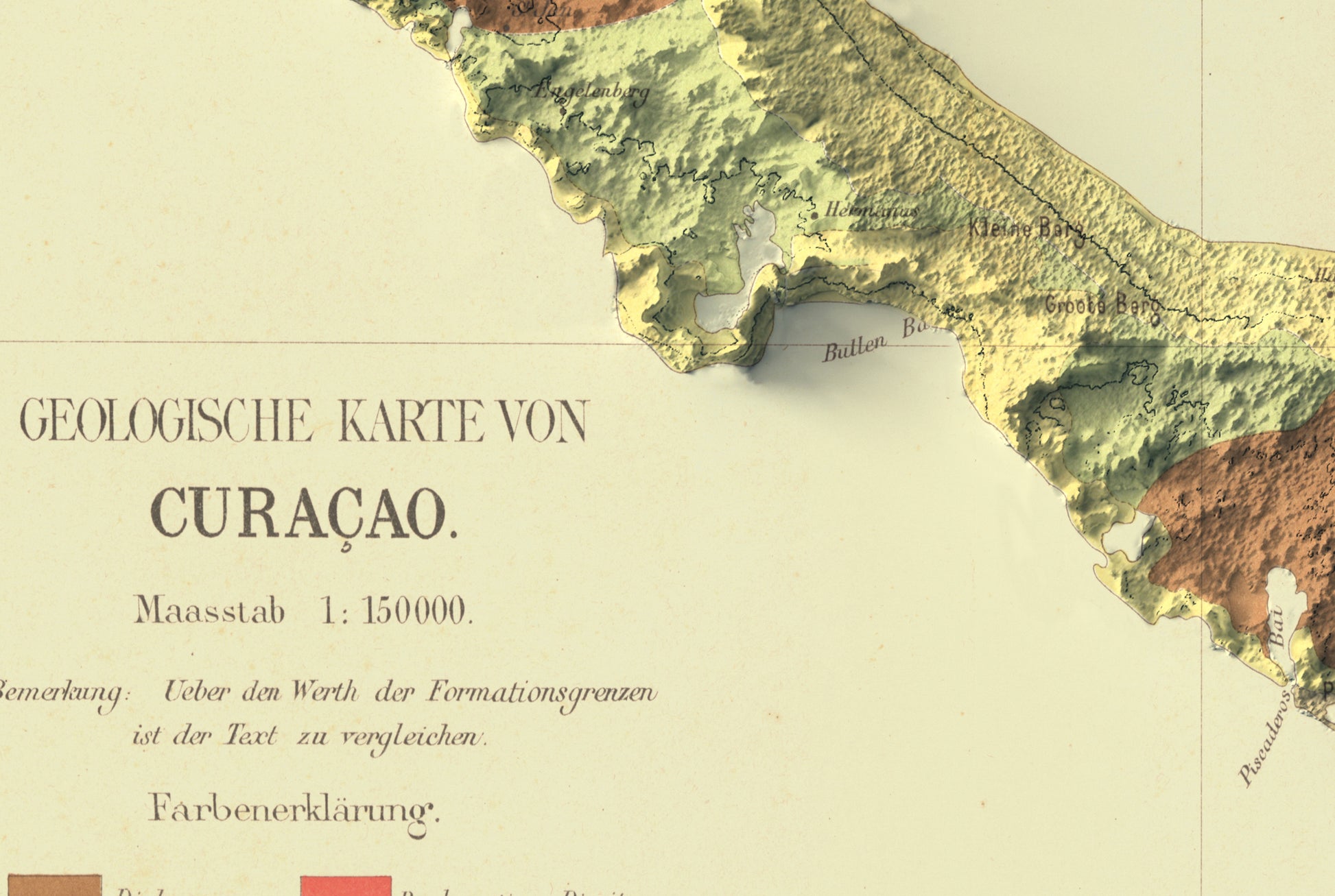 Detailed close-up of a vintage Curaçao relief map, showcasing textured topography and geographic contours