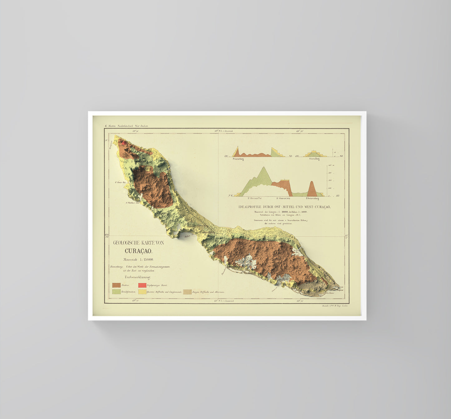 Curaçao vintage framed shaded relief map in white frame. Artistic print highlighting mountains with a realistic 3d effect