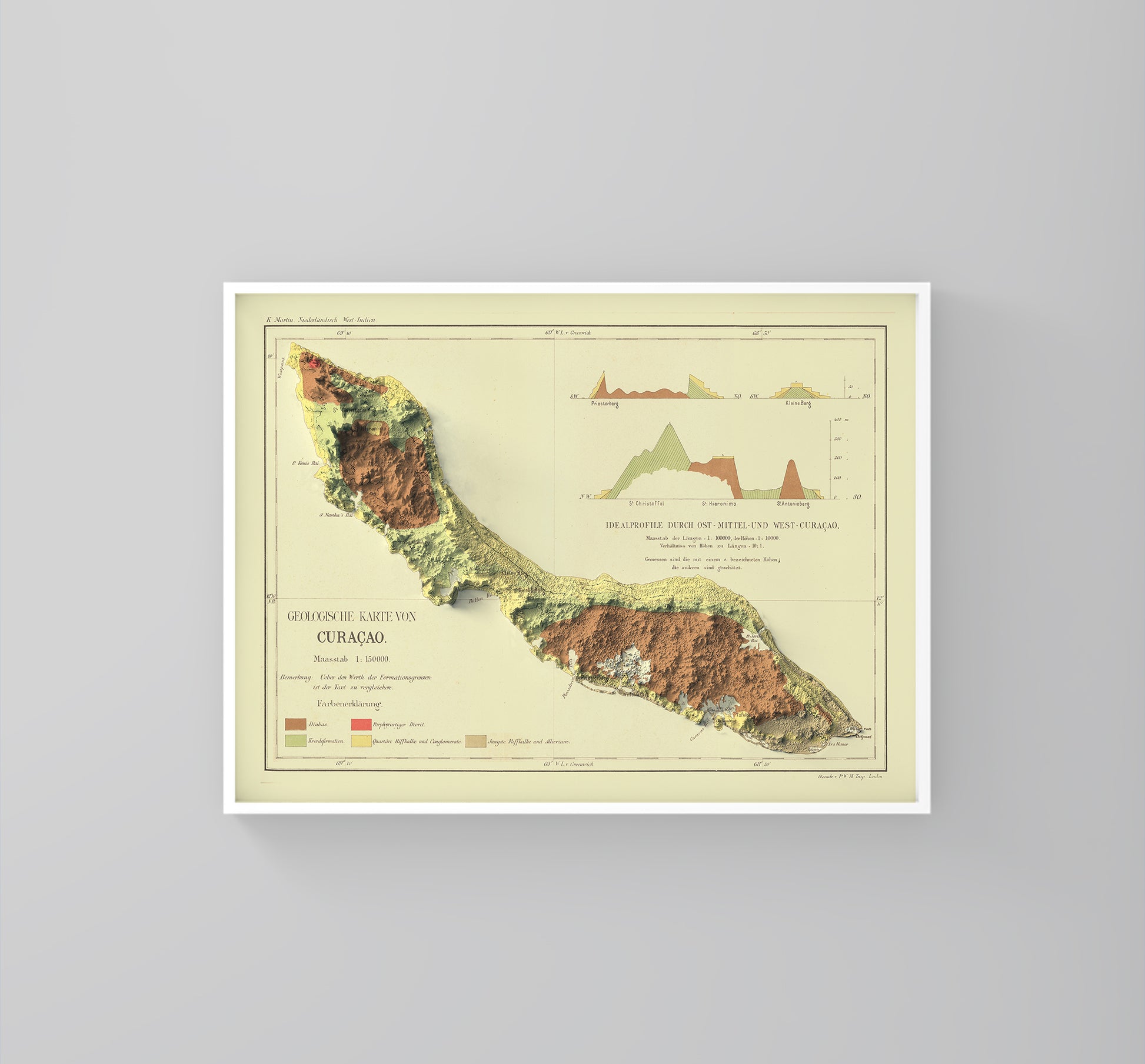 Curaçao vintage framed shaded relief map in white frame. Artistic print highlighting mountains with a realistic 3d effect