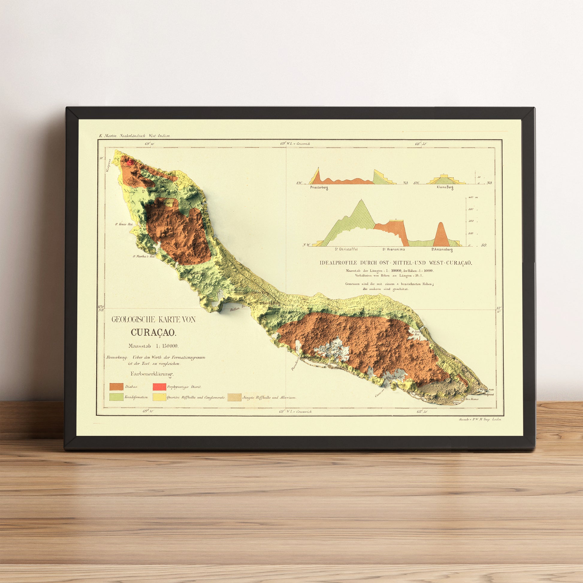Curaçao vintage framed shaded relief map in black frame. Artistic print highlighting mountains with a realistic terrain effect