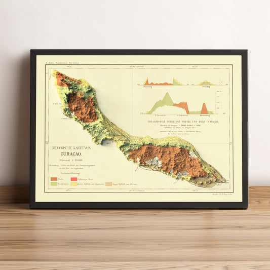 Curaçao vintage framed shaded relief map in black frame. Artistic print highlighting mountains with a realistic terrain effect