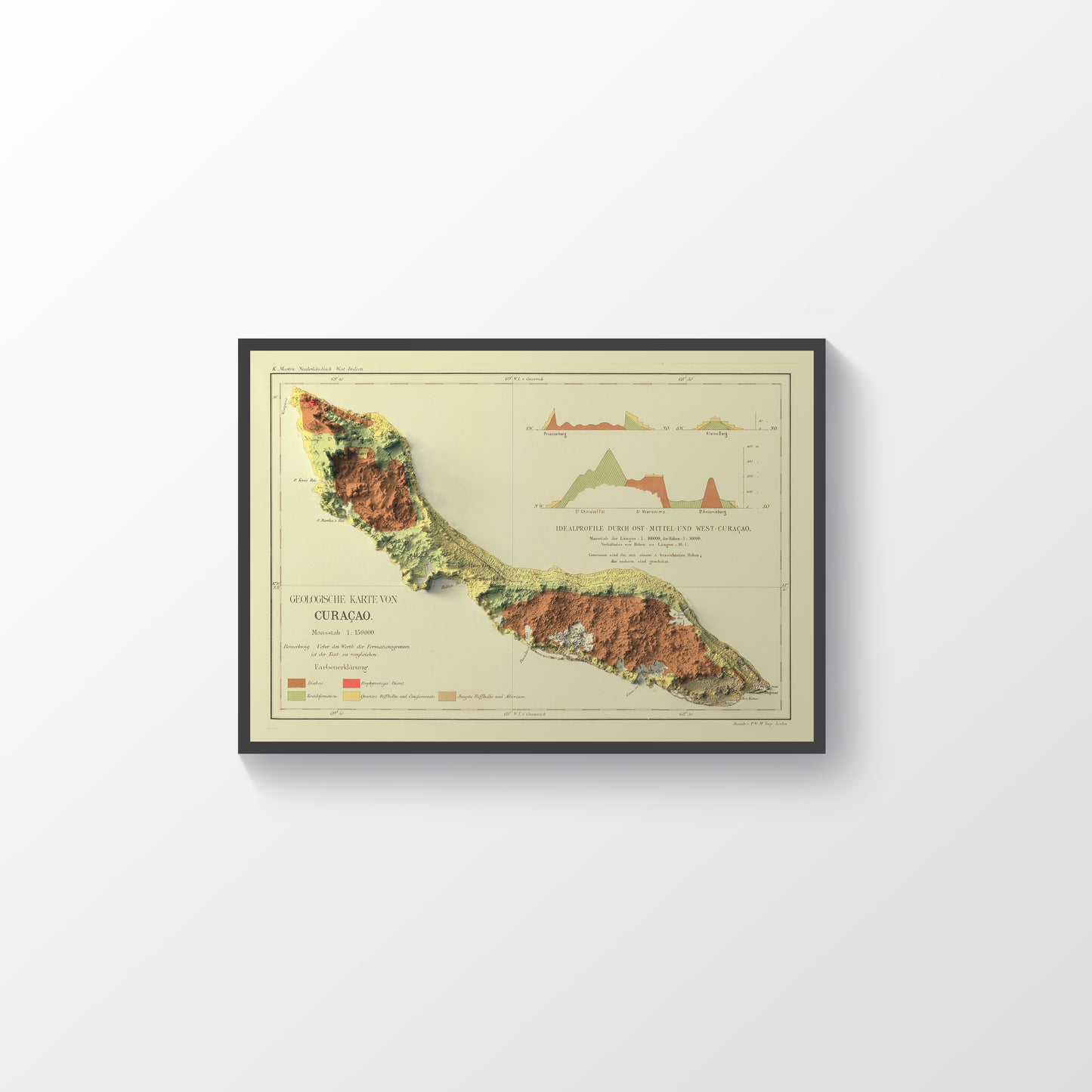 Curaçao vintage framed shaded relief map in black frame. Artistic print highlighting mountains with a realistic terrain effect
