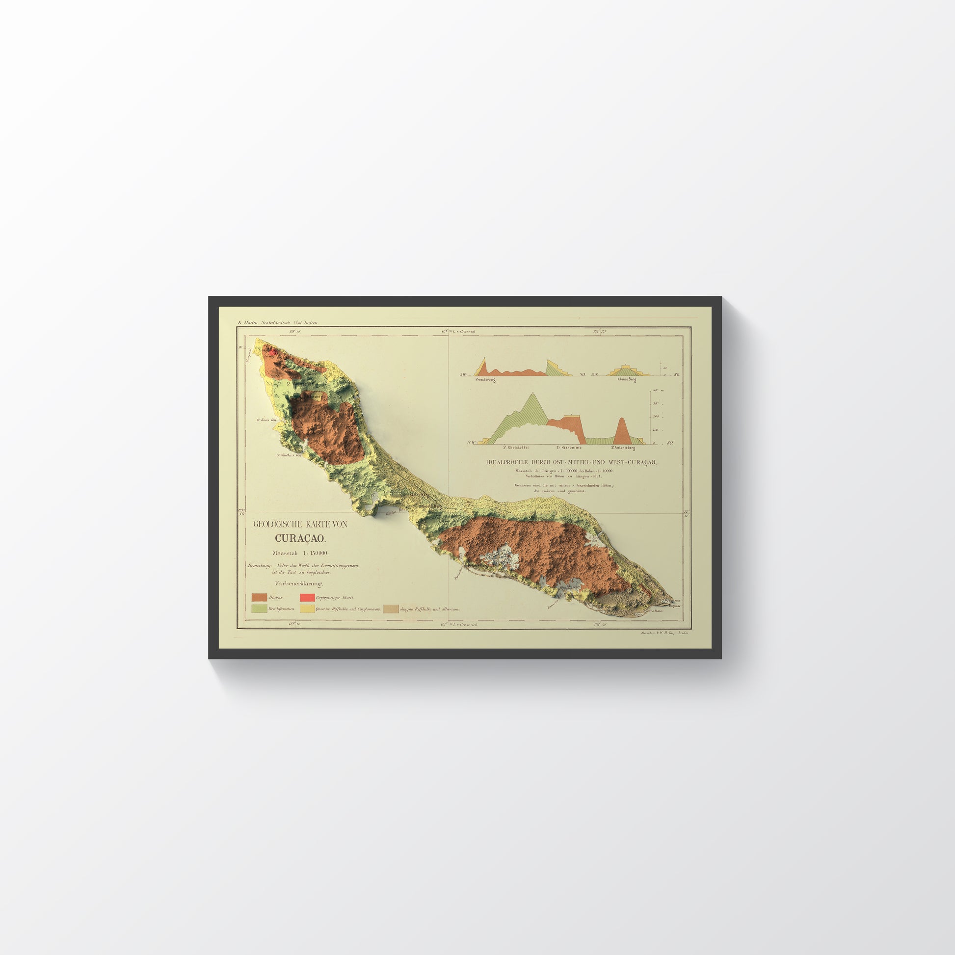 Curaçao vintage framed shaded relief map in black frame. Artistic print highlighting mountains with a realistic terrain effect