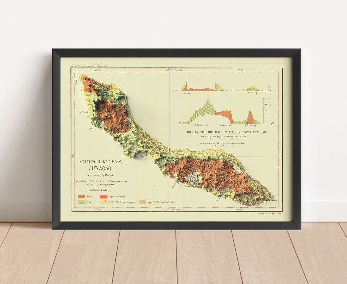 Vintage Curaçao shaded relief map in black frame. Artistic print with realistic terrain effect for wall decor.