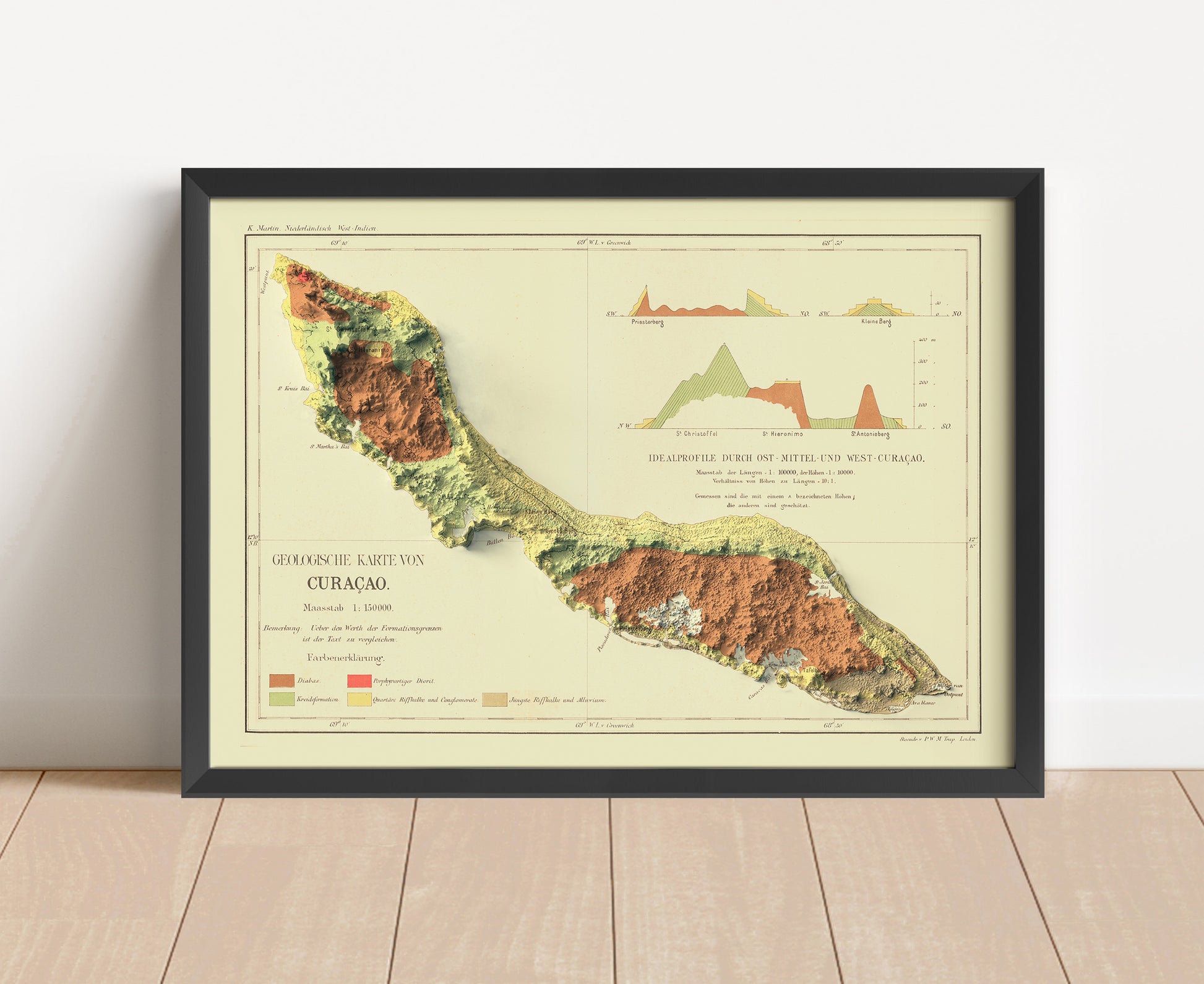 Vintage Curaçao shaded relief map in black frame. Artistic print with realistic terrain effect for wall decor.