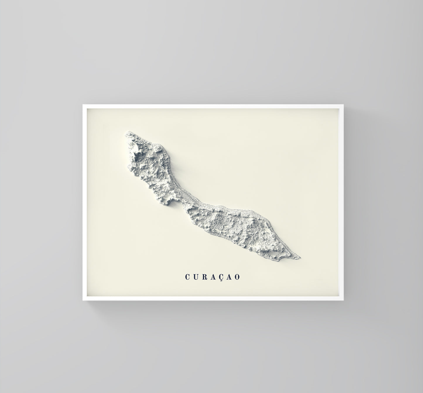 Curaçao framed shaded relief map in white frame. Artistic print highlighting mountains with a realistic 3d effect