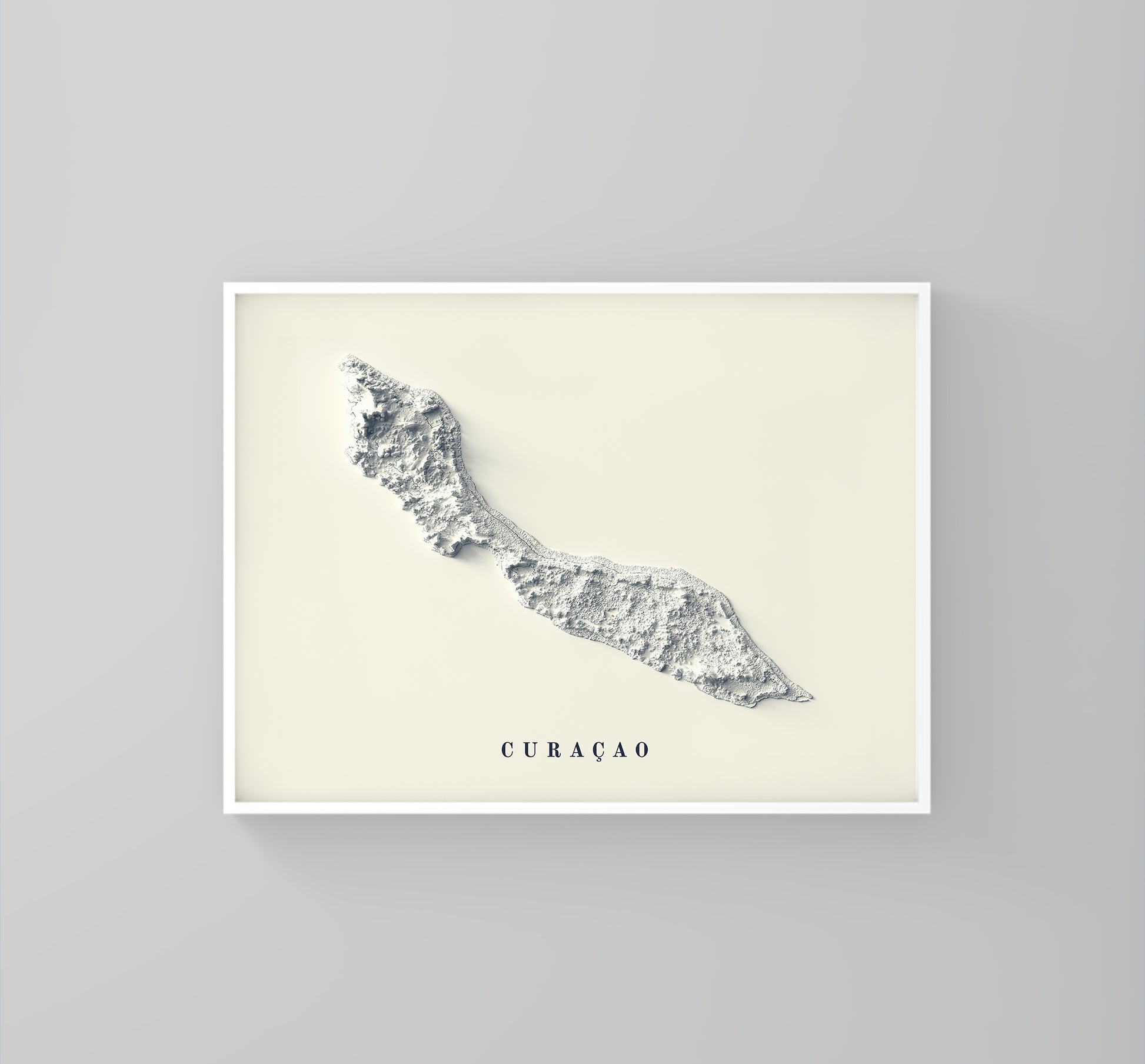 Curaçao framed shaded relief map in white frame. Artistic print highlighting mountains with a realistic 3d effect