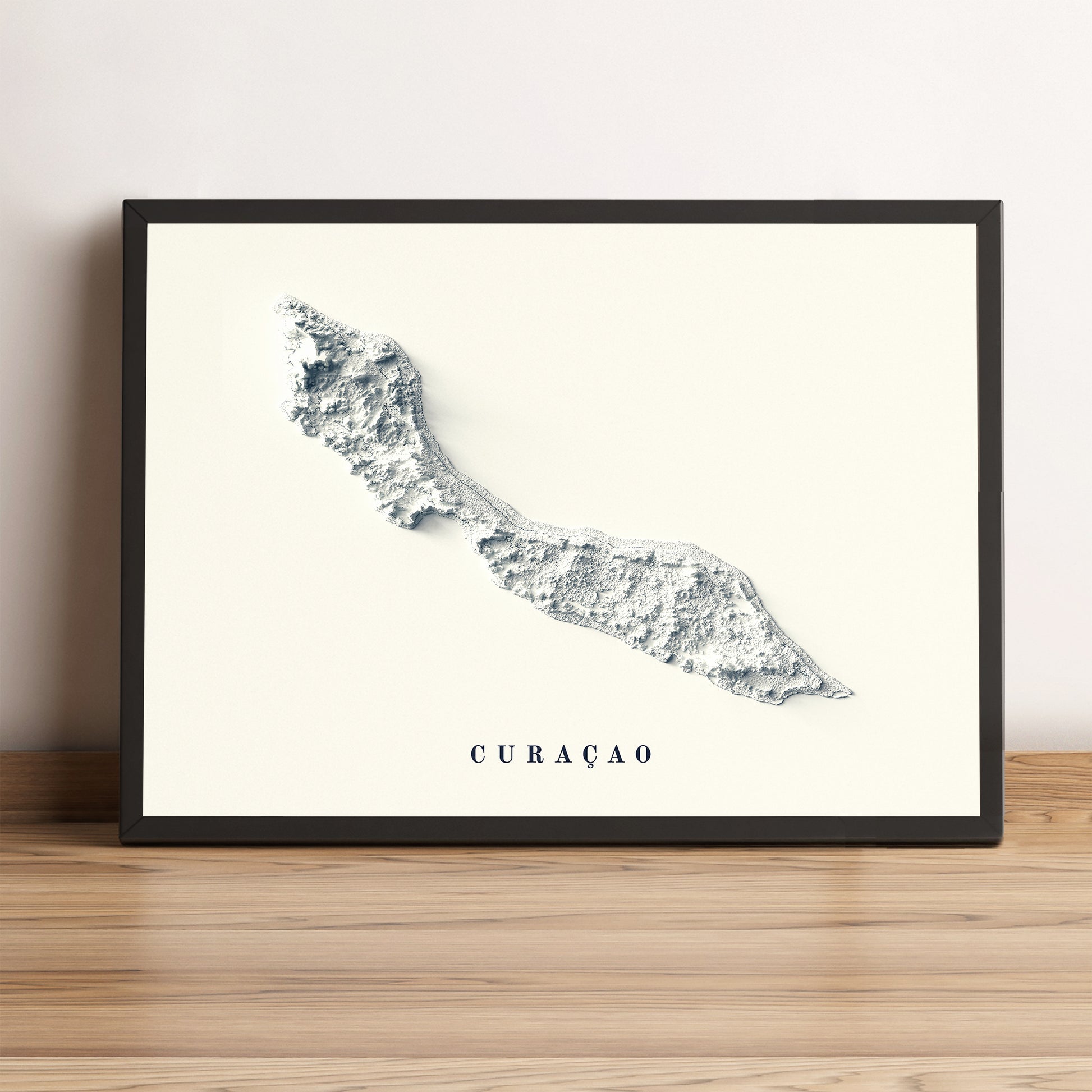 Curaçao framed shaded relief map in black frame. Artistic print highlighting mountains with a realistic terrain effect