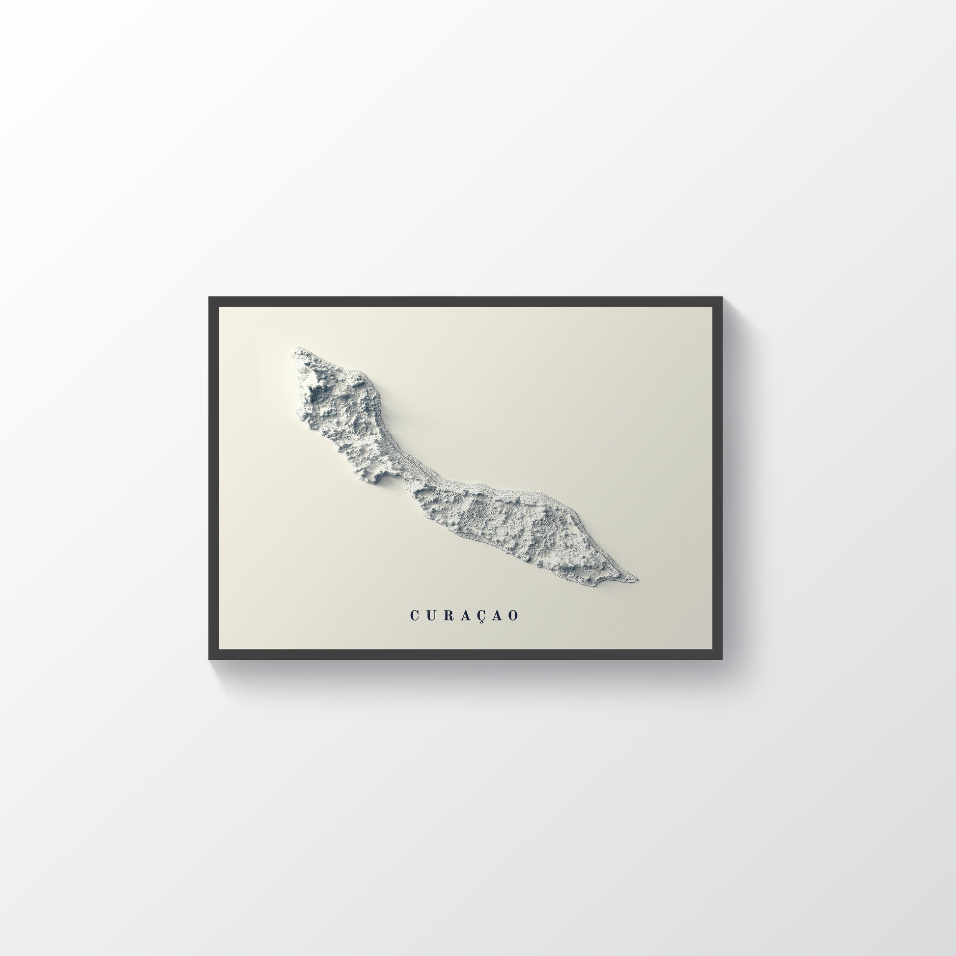 Curaçao framed shaded relief map in black frame. Artistic print highlighting mountains with a realistic terrain effect
