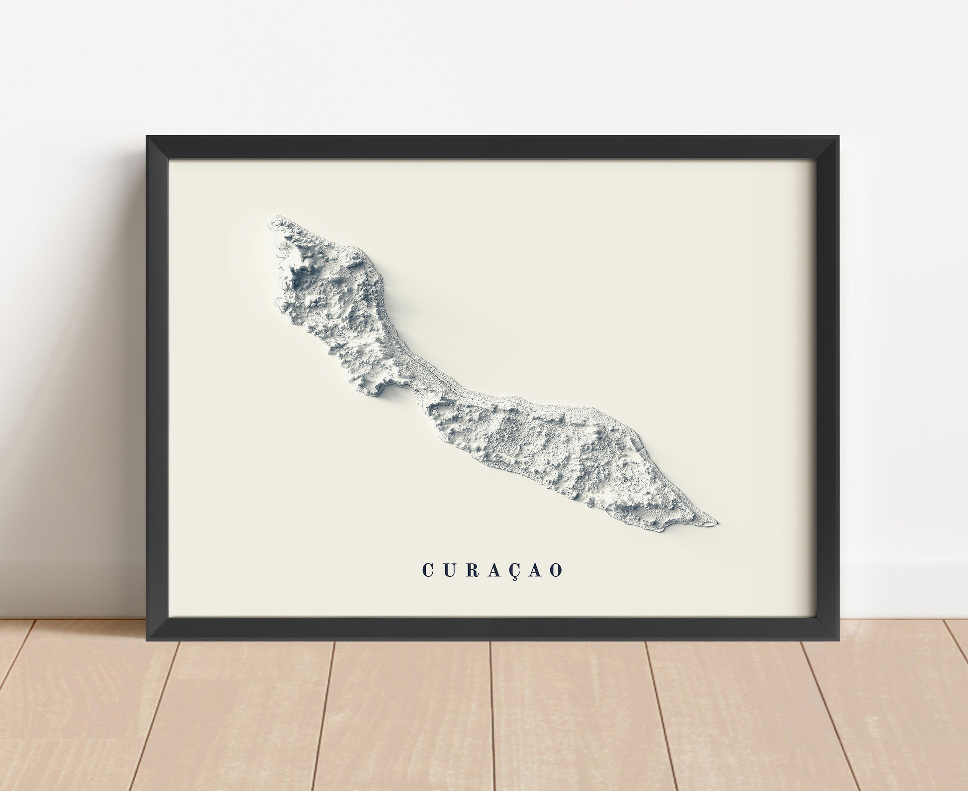 Curaçao shaded relief map in black frame. Artistic print with realistic terrain effect for wall decor.