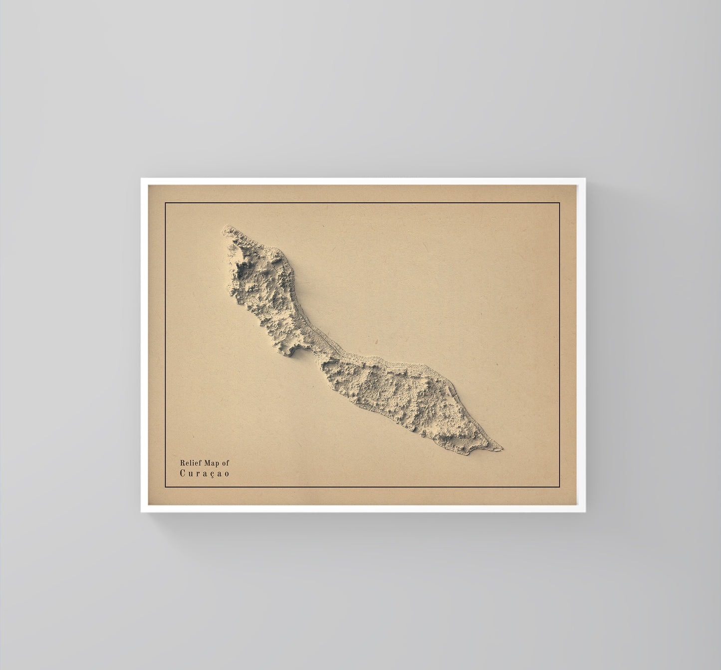 Curaçao vintage framed shaded relief map in black frame. Artistic print highlighting mountains with a realistic terrain effect